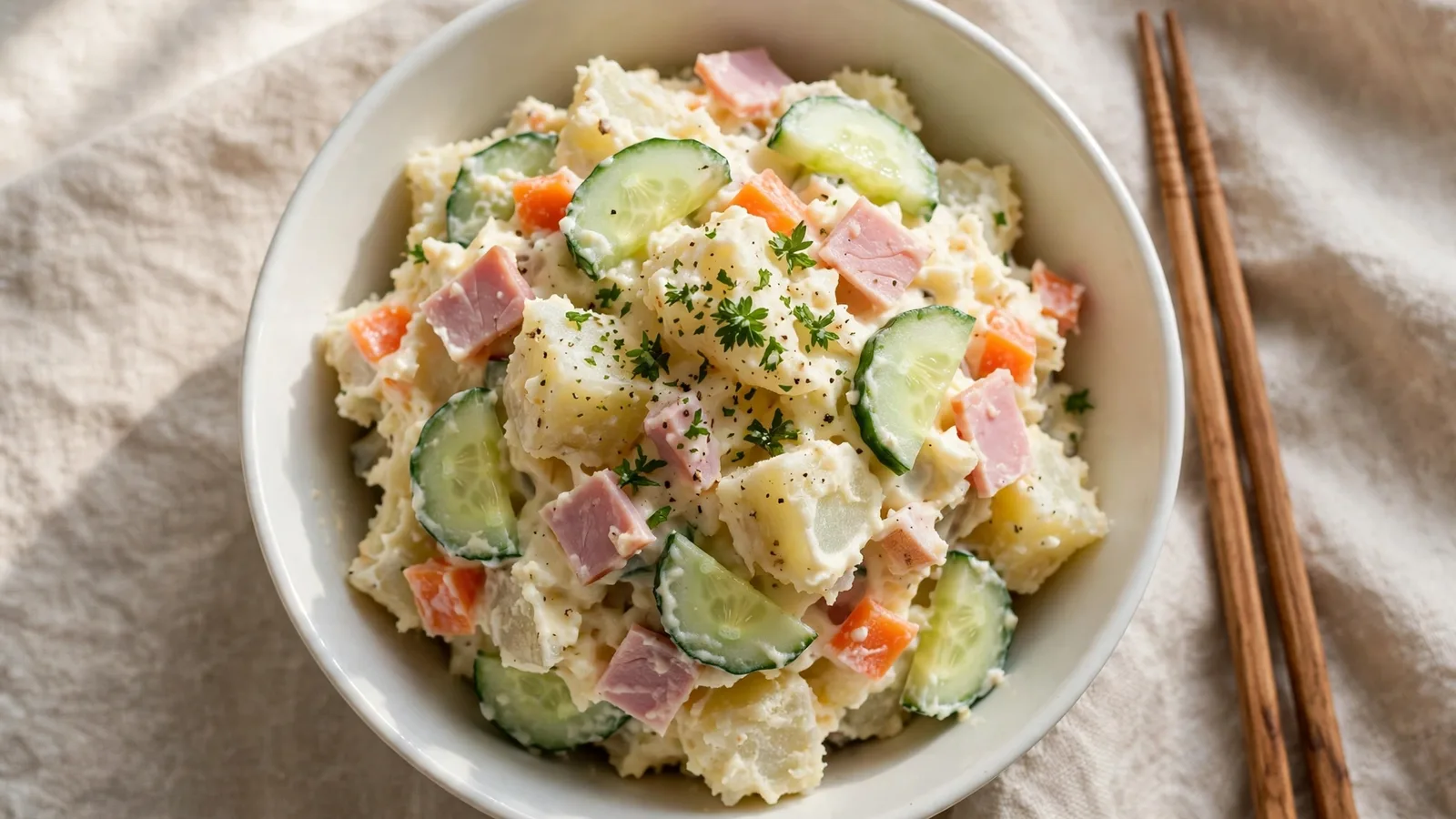 White ceramic bowl of creamy Japanese potato salad with lightly mashed potatoes, cucumber half-moons, diced carrot and ham, a spoon resting in the bowl and chopsticks beside it on a light table