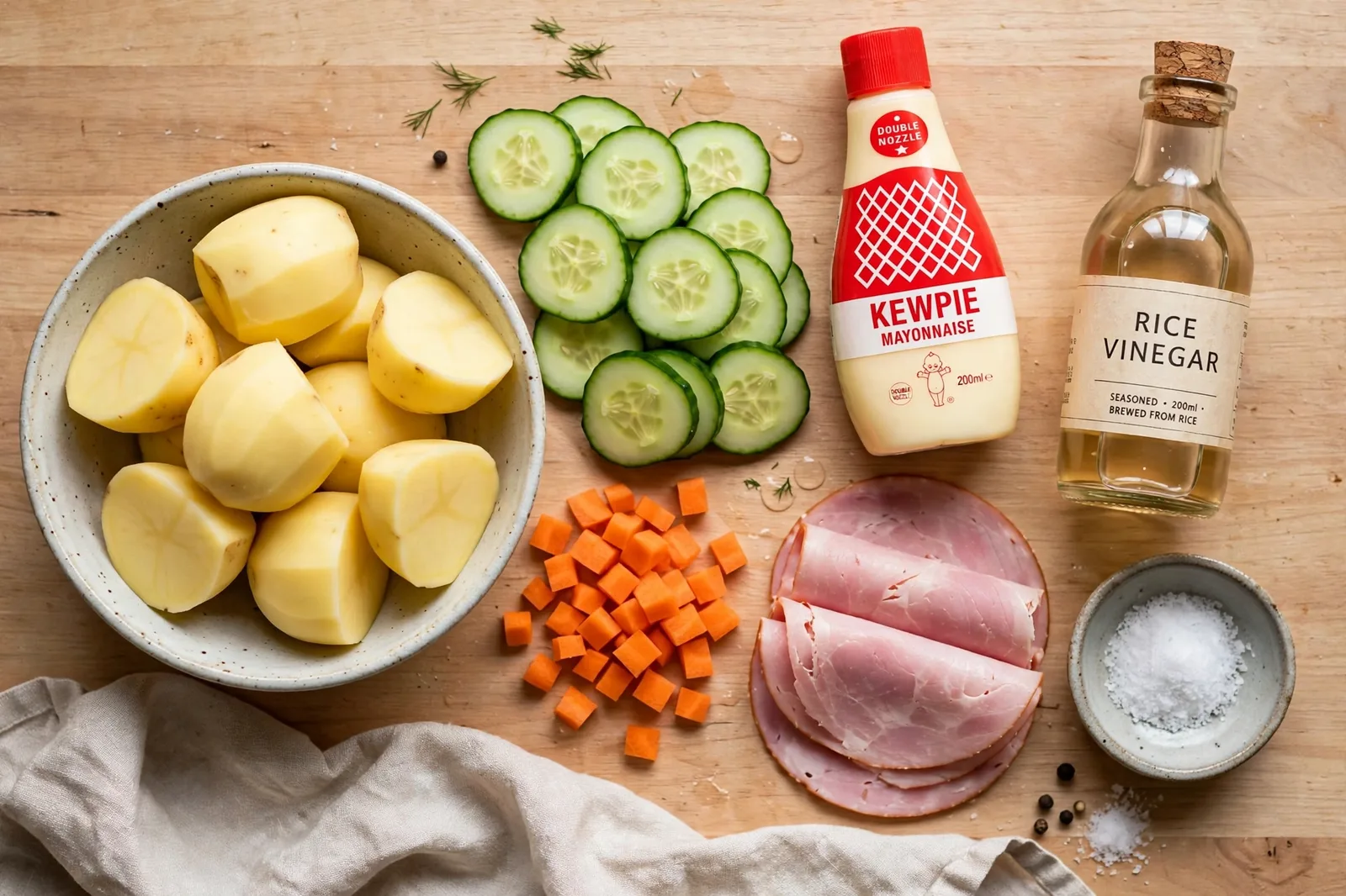 Raw ingredients for Japanese potato salad on a counter: peeled potato chunks, thinly sliced cucumber, diced carrot, ham slices, a bottle of Kewpie mayonnaise, rice vinegar and salt in natural light