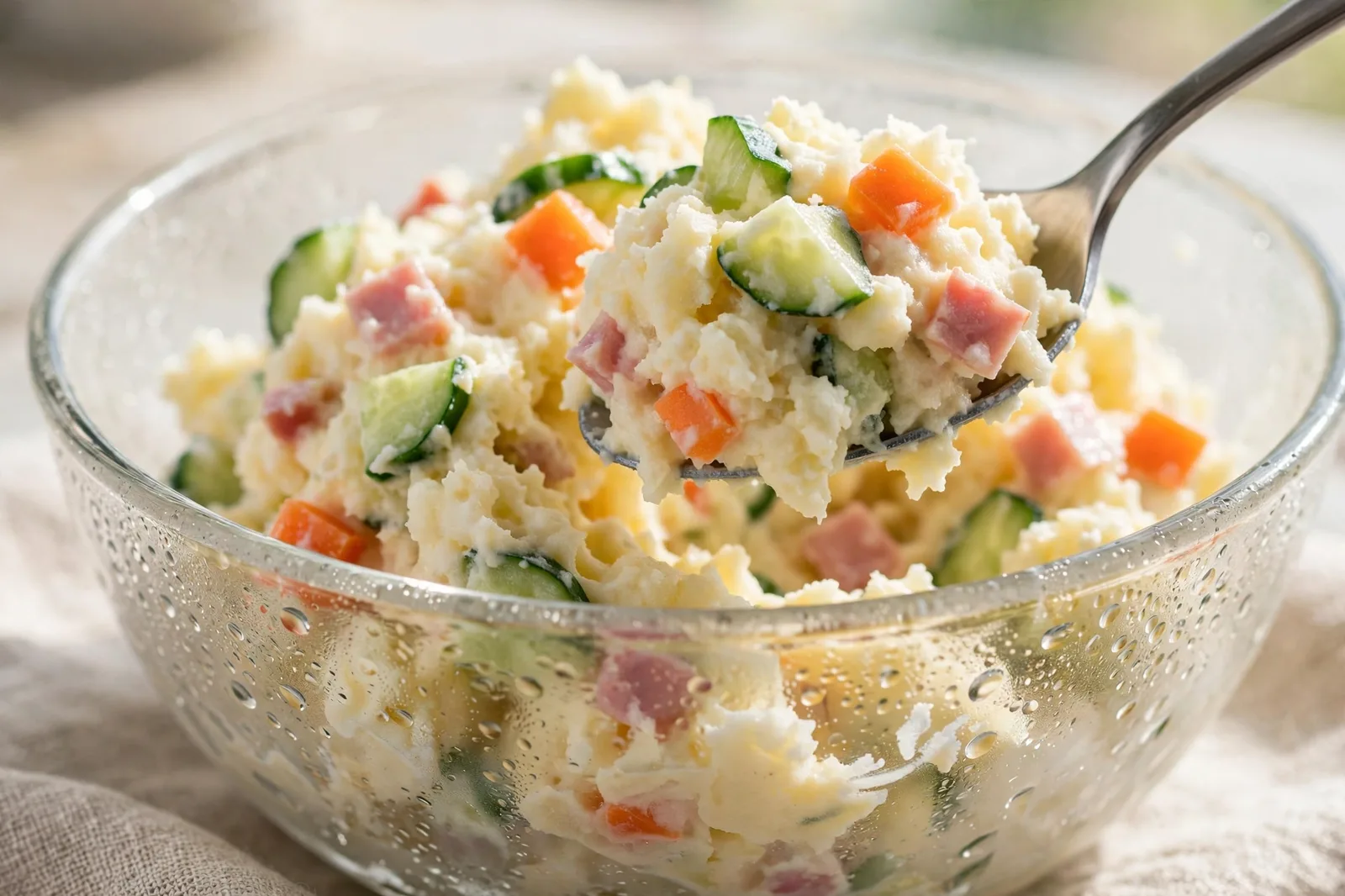Close-up spoonful of creamy Japanese potato salad lifted from a chilled glass bowl, showing fluffy potato edges with cucumber, carrot and ham pieces, condensation on the bowl