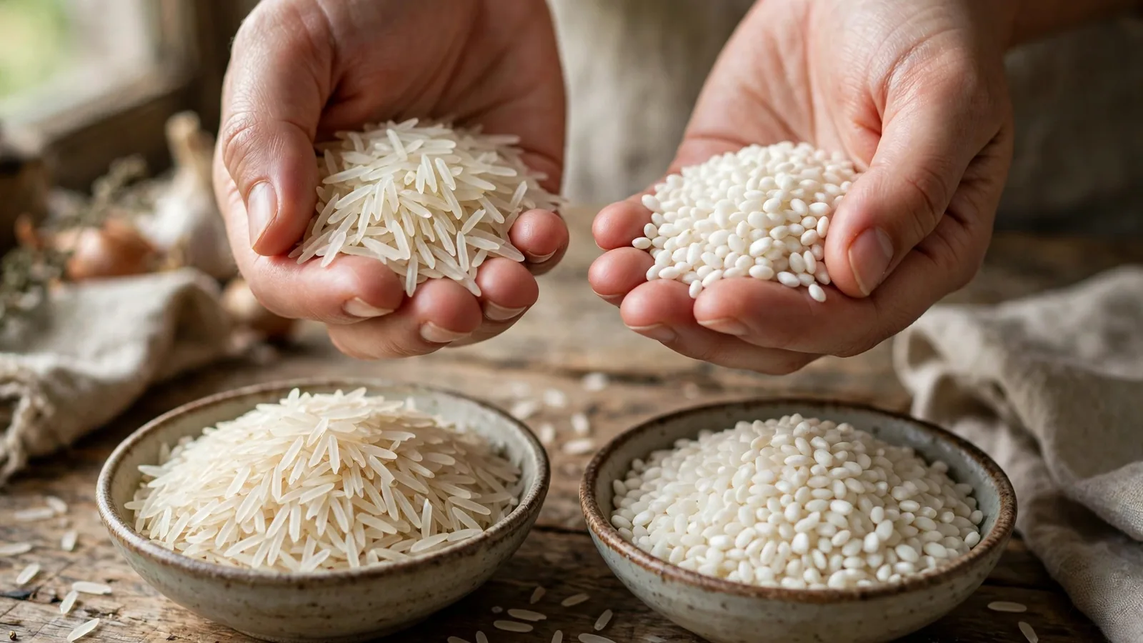 Hands holding raw jasmine rice and raw sticky rice grains over bowls, showing long slender grains beside short round chalky grains