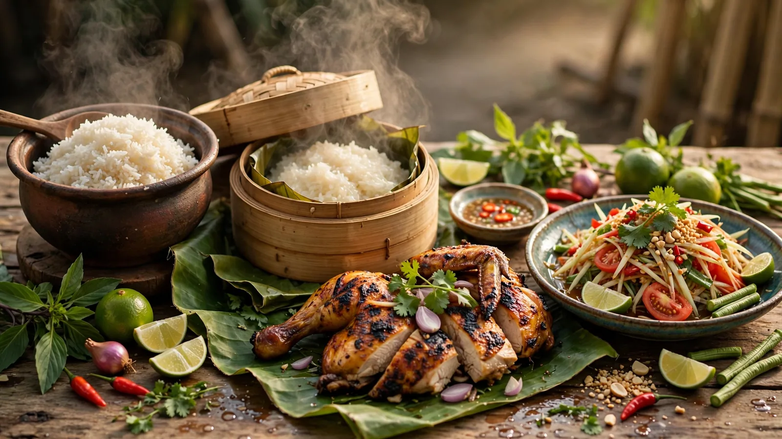 Southeast Asian meal spread with a pot of steamed jasmine rice and a bamboo basket of sticky rice, grilled chicken and papaya salad nearby