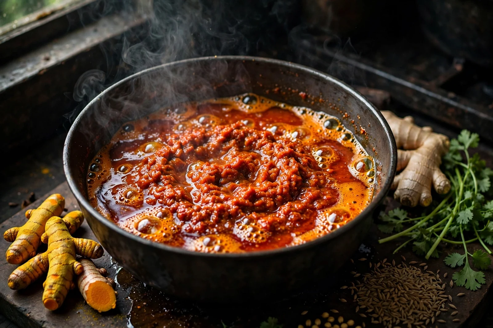 Curry paste frying in a pan with fresh turmeric roots, ginger, and cilantro beside it