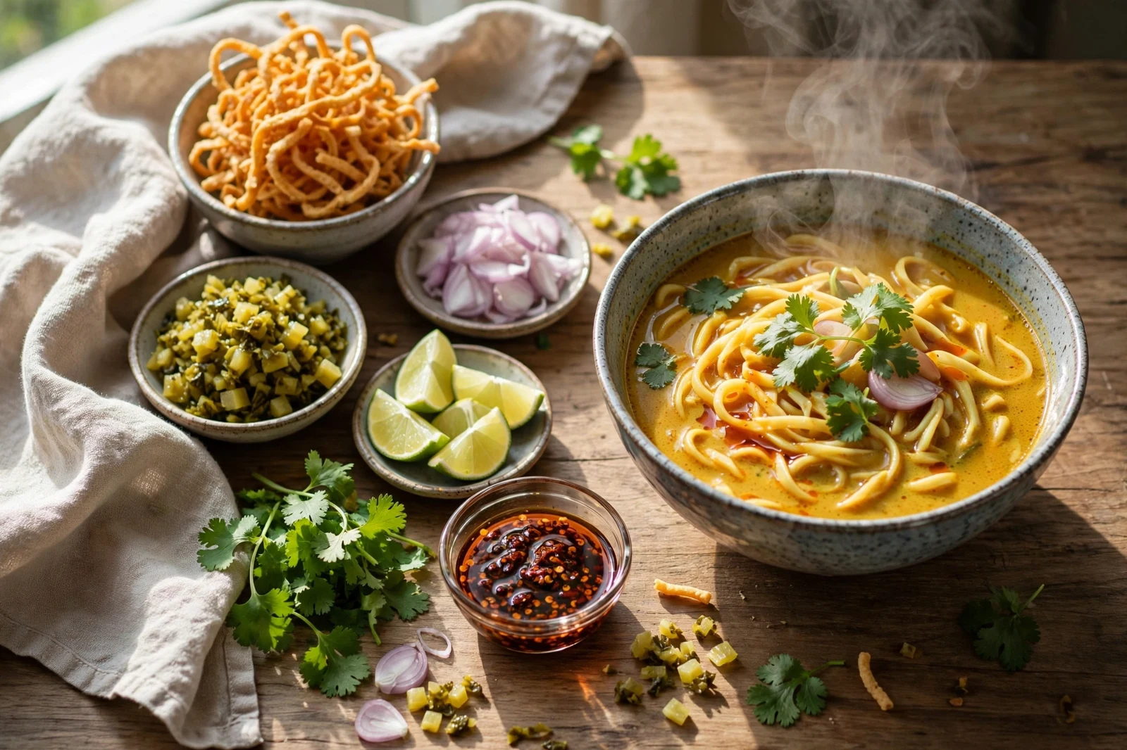 Bowl of khao soi surrounded by small bowls of crispy noodles, pickled mustard greens, shallots, lime wedges, cilantro, and chili oil