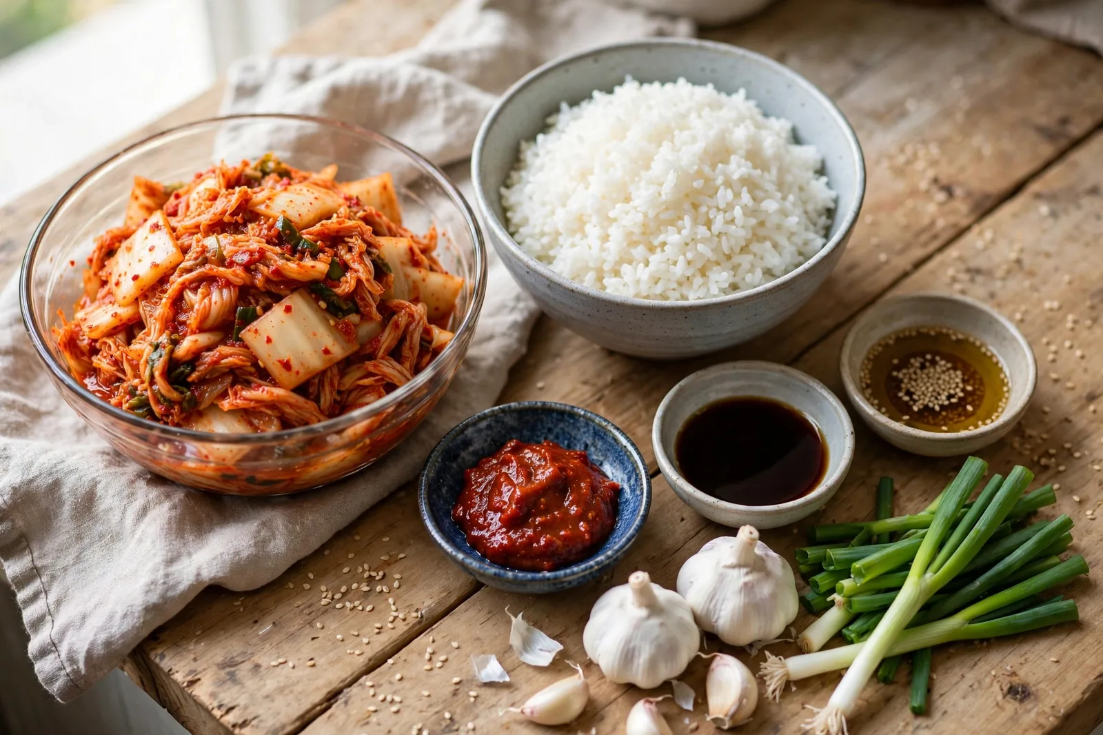 Chopped kimchi, rice, gochujang, soy sauce, garlic and scallions
