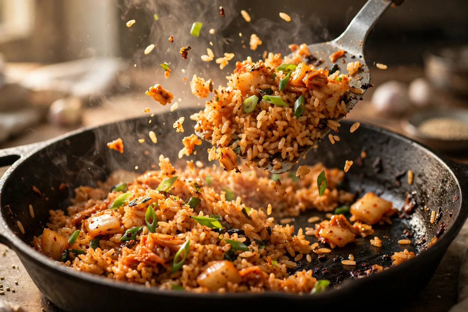 Kimchi fried rice being tossed in a hot skillet