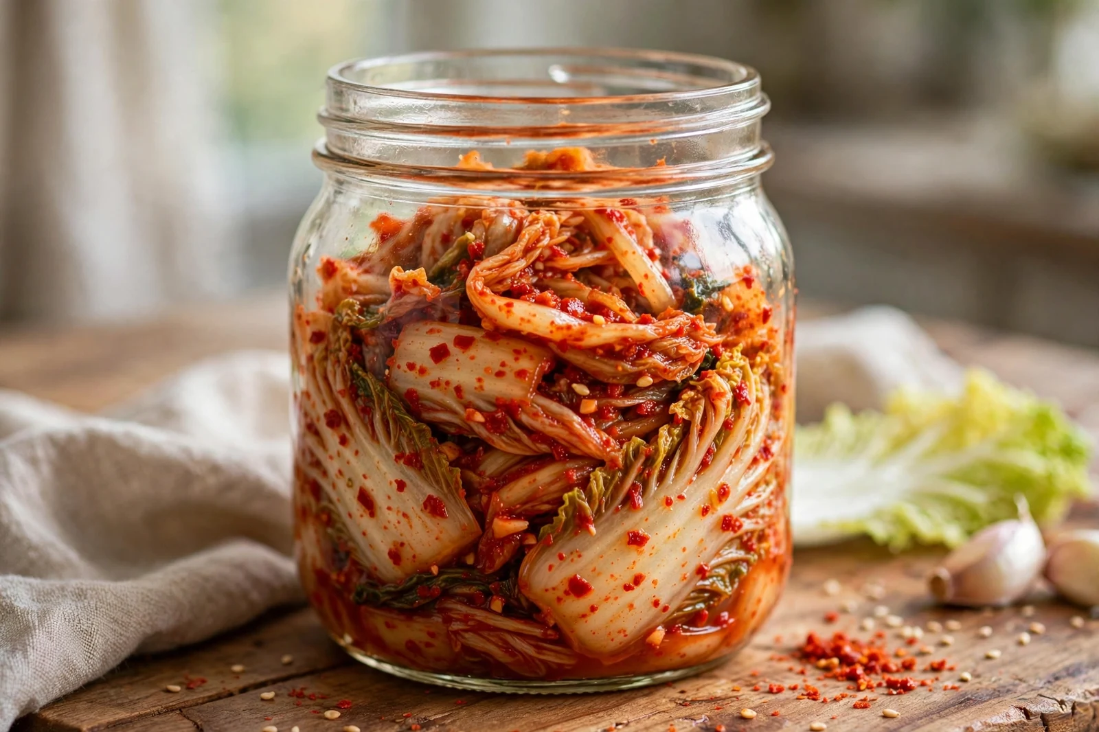 An open glass jar of napa cabbage kimchi, showing the bright red gochugaru chili flake coating on the cabbage leaves