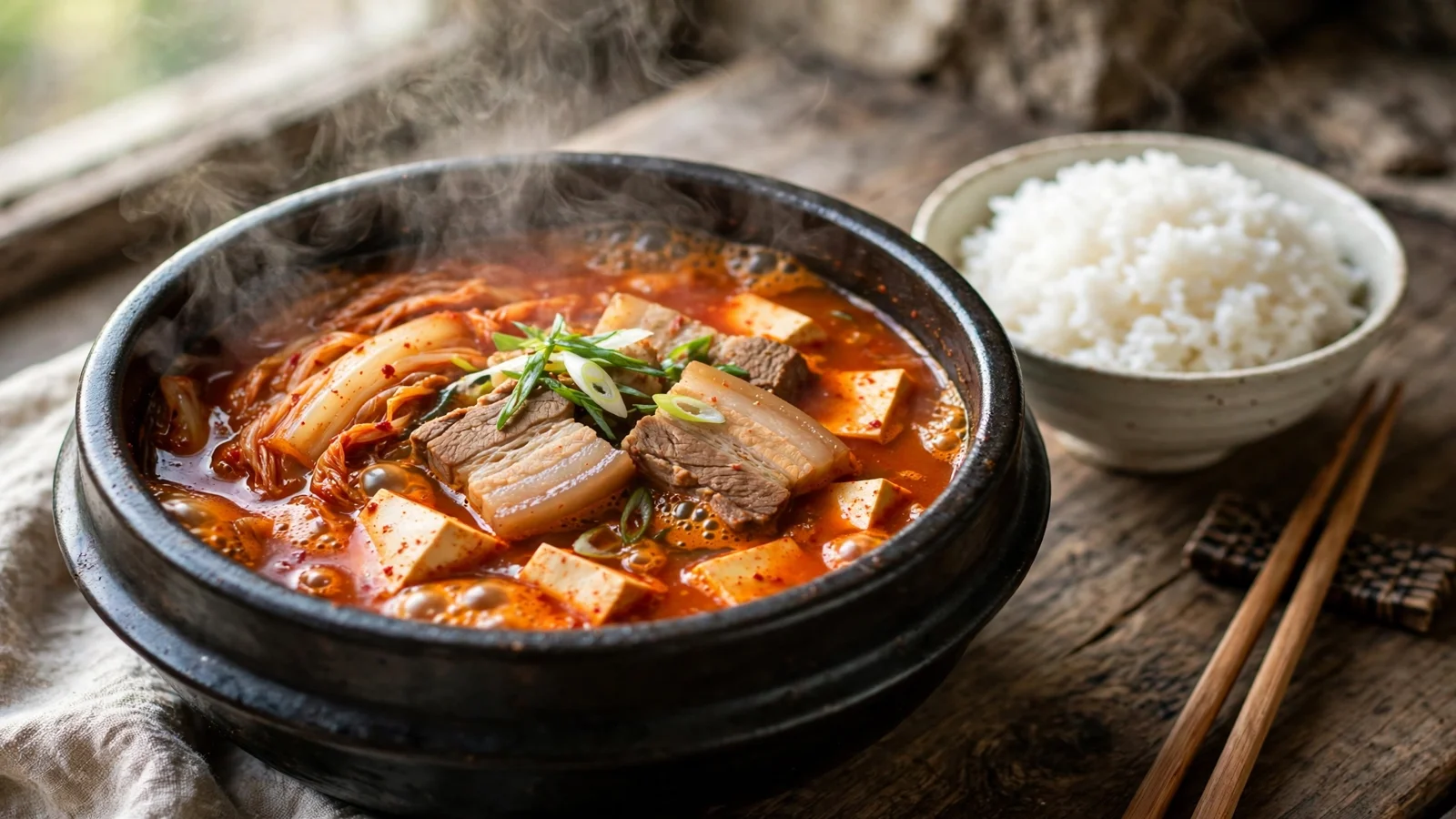 Steaming black stone pot of kimchi jjigae Korean stew with bubbling red broth, napa cabbage kimchi, soft tofu cubes, pork belly, scallions, and a bowl of white rice beside it