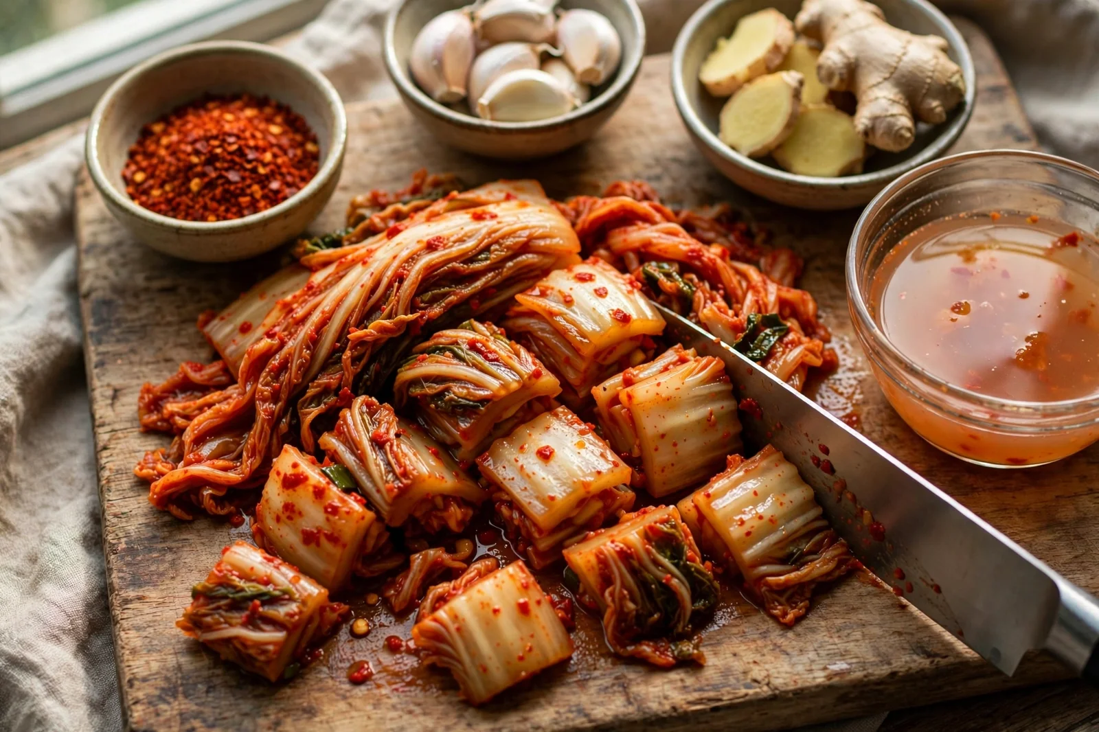 Aged napa cabbage kimchi cut into bite-size pieces on a wooden cutting board with small bowls of gochugaru chili flakes, garlic, ginger, and kimchi brine