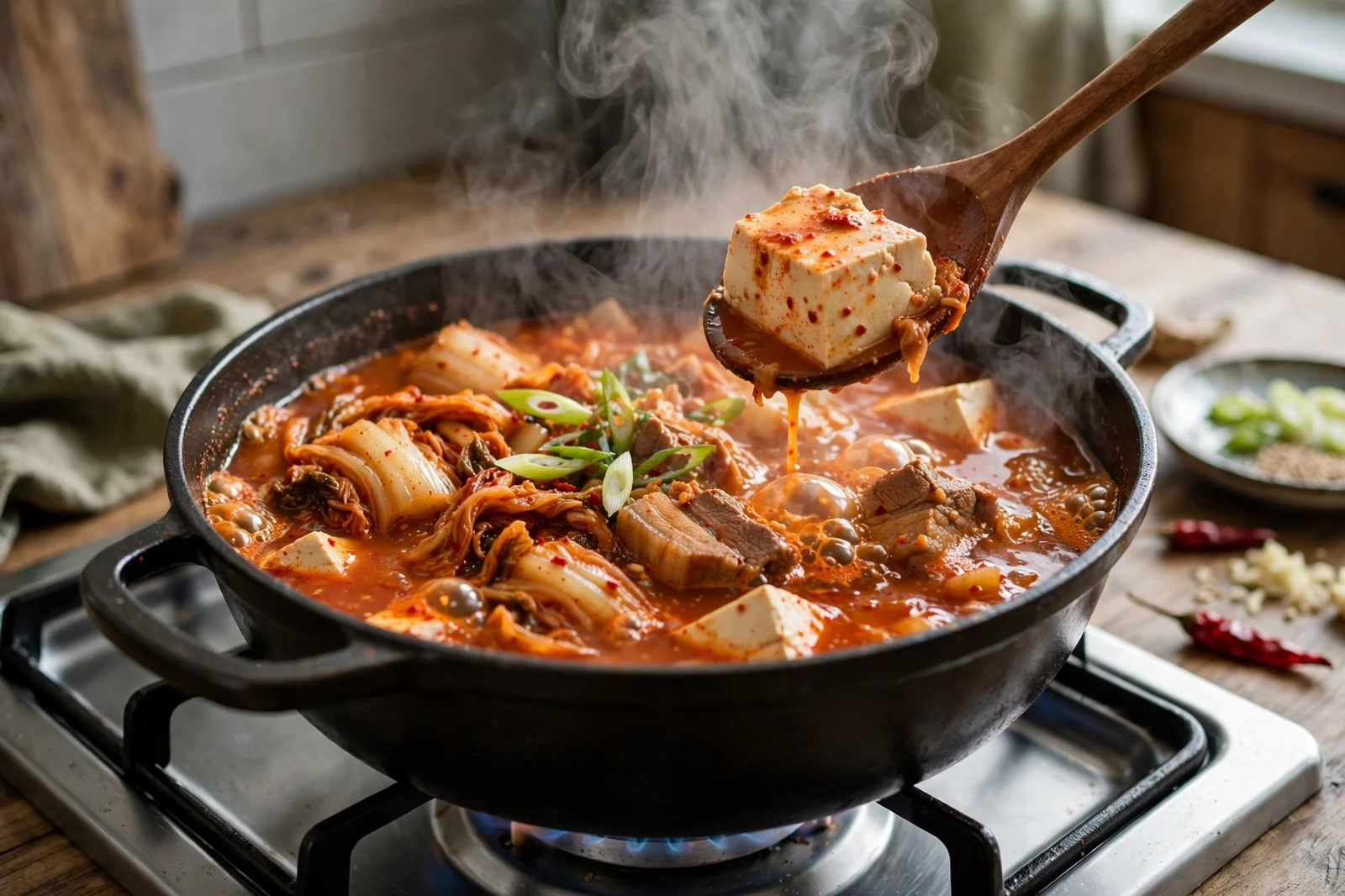 Kimchi jjigae simmering in a pot with kimchi, tofu, pork, and scallions in bubbling red broth, wooden spoon lifting a piece of tofu, steam rising