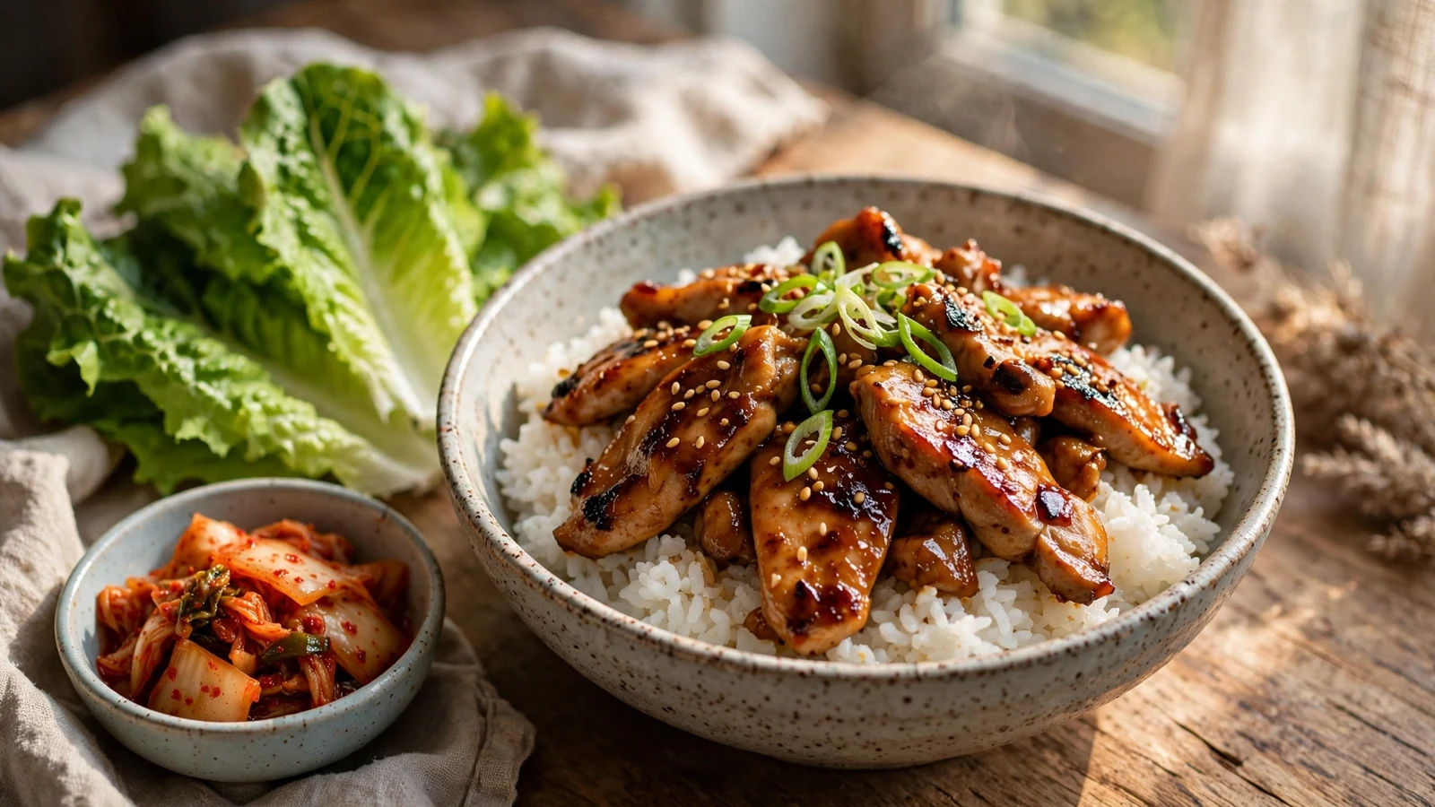 Ceramic bowl of Korean bulgogi chicken over steamed jasmine rice: glossy caramelized chicken slices with scallion greens and sesame seeds, lettuce leaves and a small bowl of kimchi beside the bowl