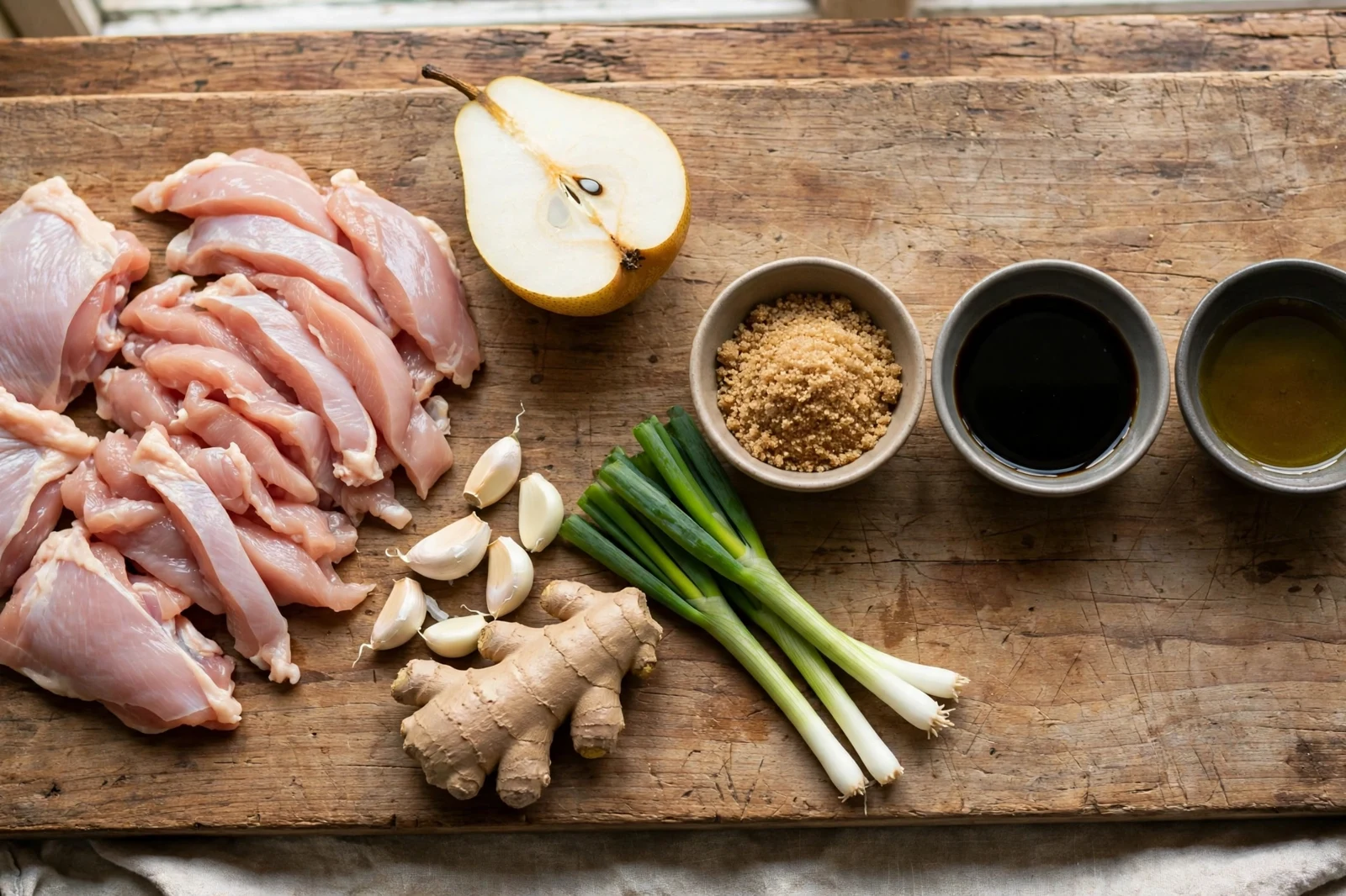 Ingredients for Korean bulgogi chicken on a wooden board: thinly sliced raw chicken thighs, half an Asian pear, garlic cloves, fresh ginger, scallions, and small bowls of brown sugar, soy sauce and sesame oil