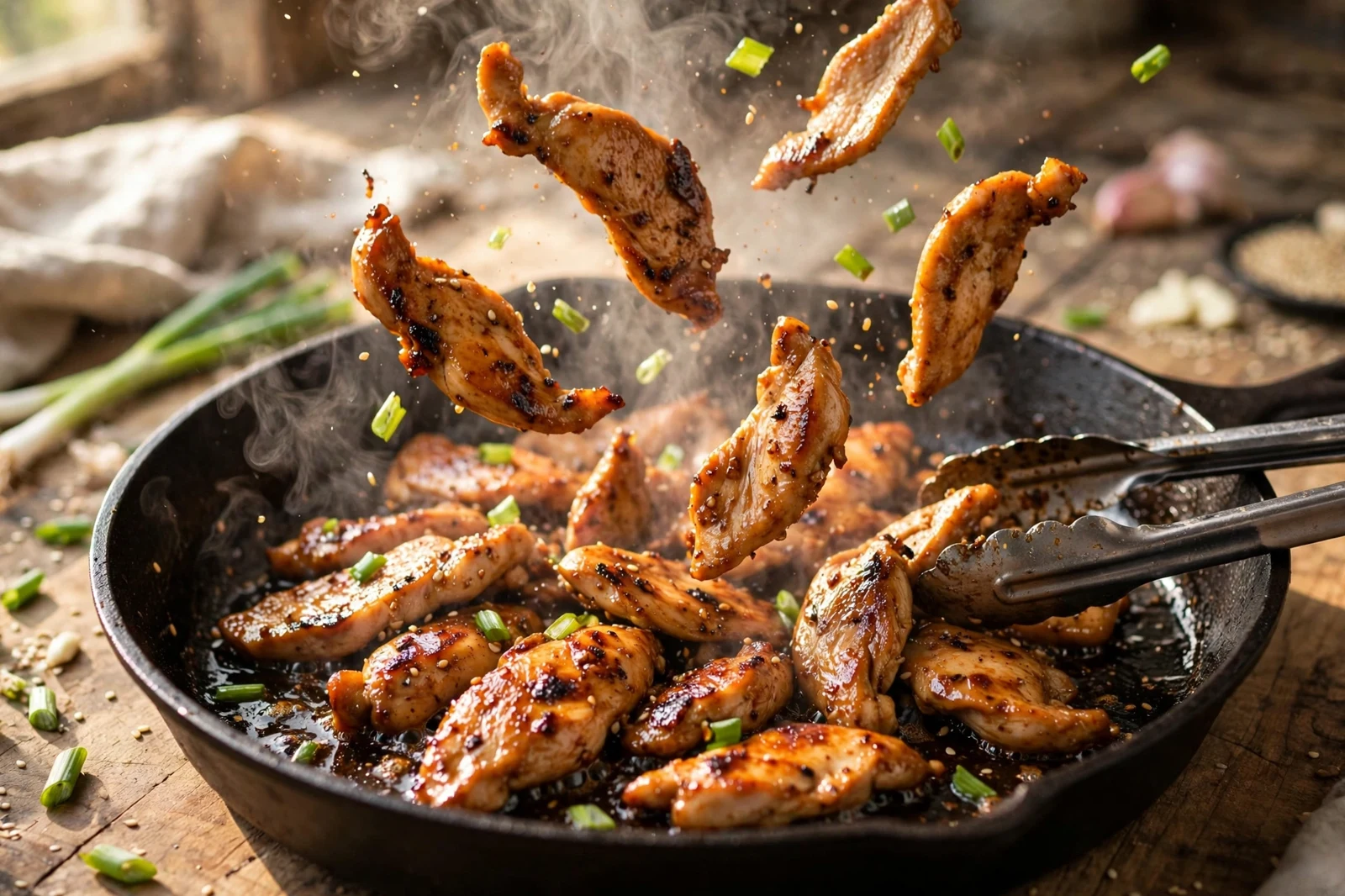 Korean bulgogi chicken searing in a black cast-iron skillet: glossy caramelized chicken slices being tossed with scallion pieces, steam rising, tongs at the edge of the pan