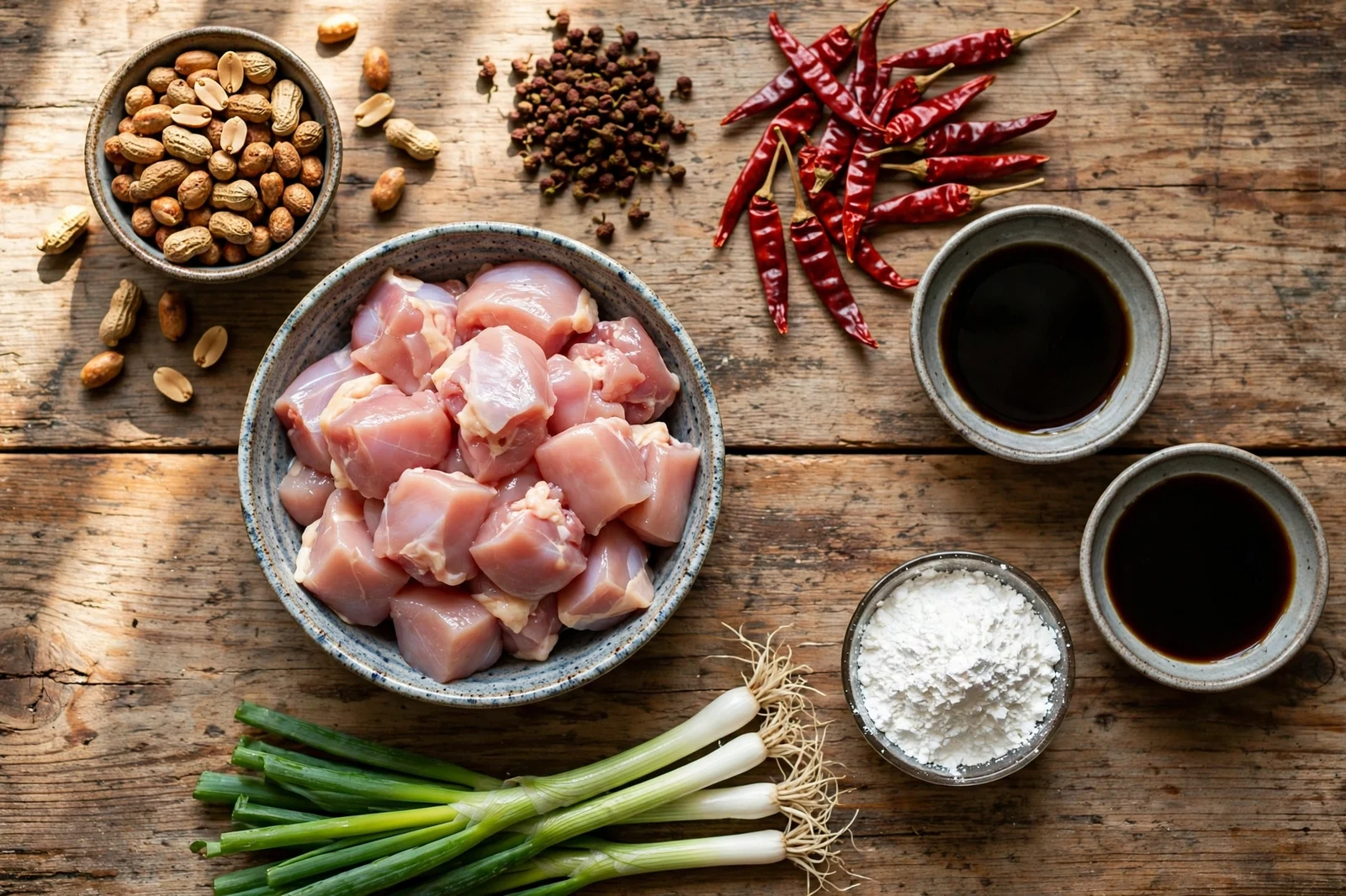 Raw ingredients for kung pao chicken on a wooden table: chicken cubes, peanuts, dried chilies, Sichuan peppercorns and sauces