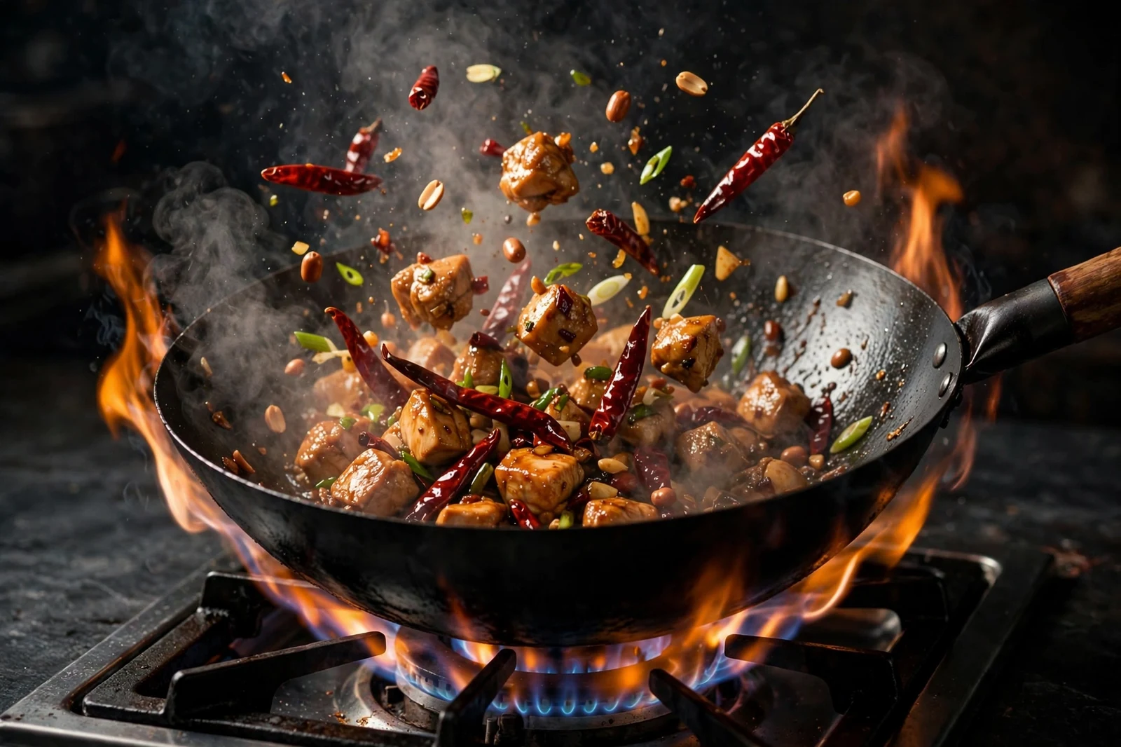 Kung pao chicken being tossed in a wok over high flames