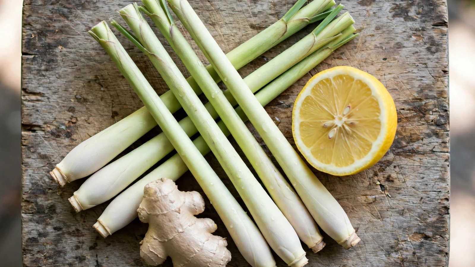 Fresh lemongrass stalks with trimmed tops, half a lemon, and a knob of fresh ginger arranged on a weathered wooden cutting board