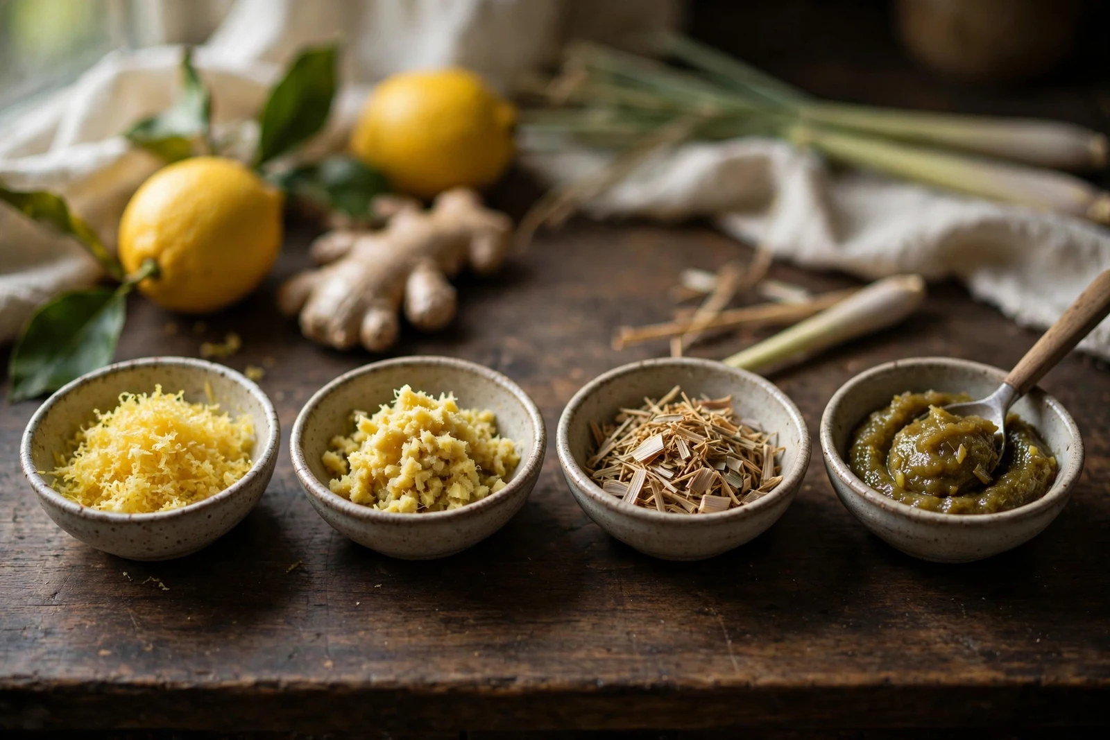 Small ceramic bowls of grated lemon zest, minced fresh ginger, dried lemongrass pieces, and lemongrass paste arranged in a row on a dark wooden counter