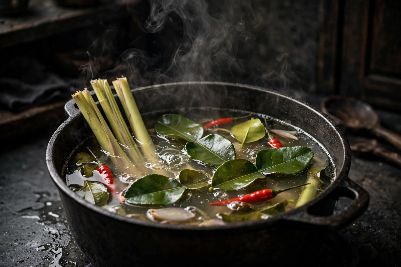 A pot of clear simmering Southeast Asian broth with lemongrass stalks, kaffir lime leaves, and red chilies visible, steam rising