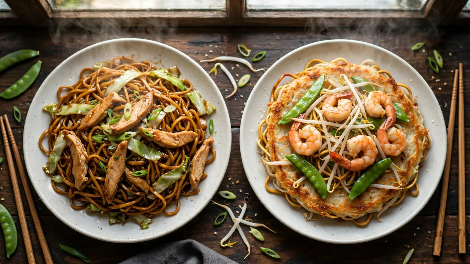 Two plates of Chinese noodles side by side on a wooden table: soft glossy lo mein with sliced chicken, cabbage and scallions on the left, and a crisp golden chow mein noodle cake topped with shrimp, bean sprouts and snap peas on the right