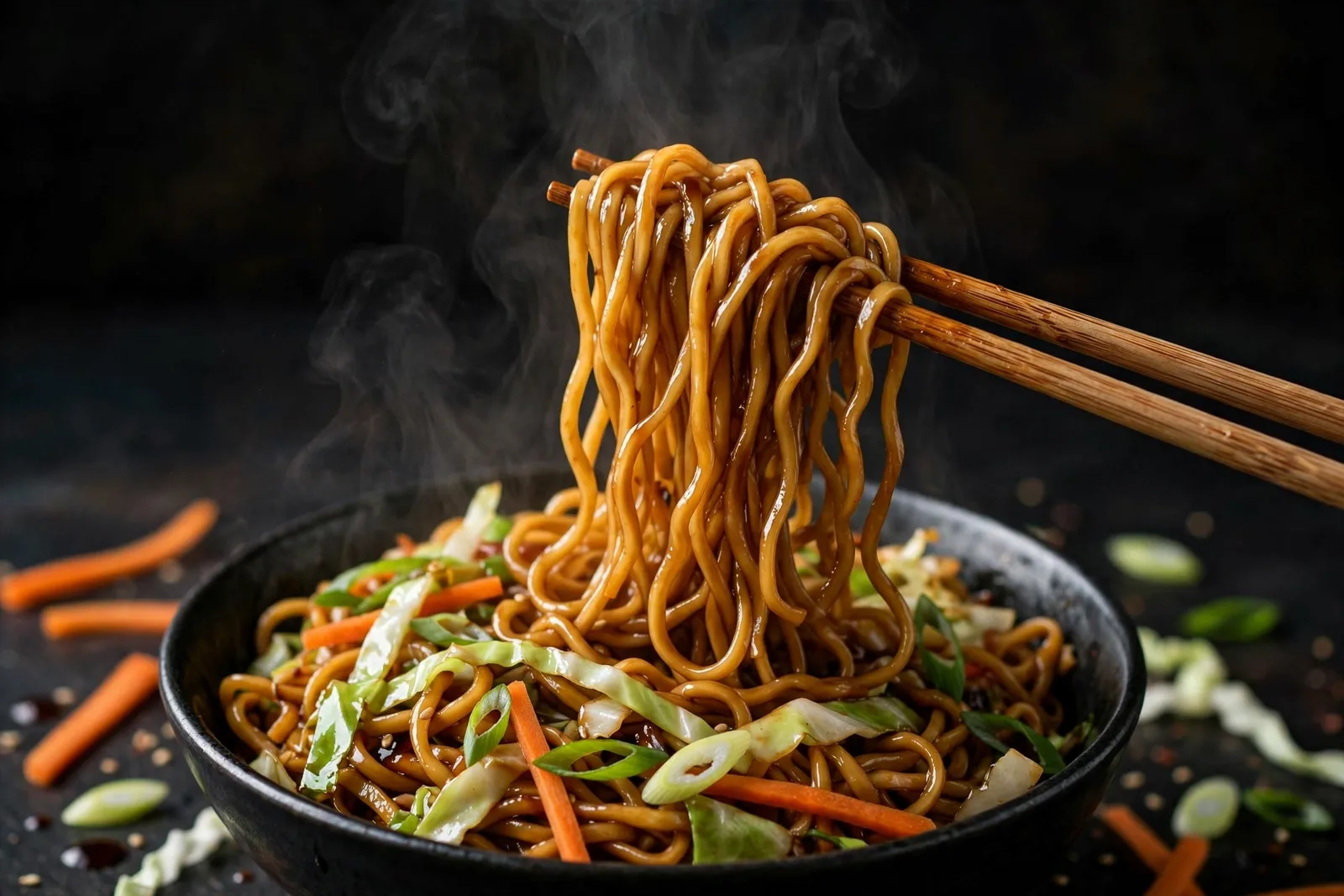 Chopsticks lifting glossy sauce-coated lo mein noodles from a dark bowl with cabbage, carrot strips and scallions, steam rising