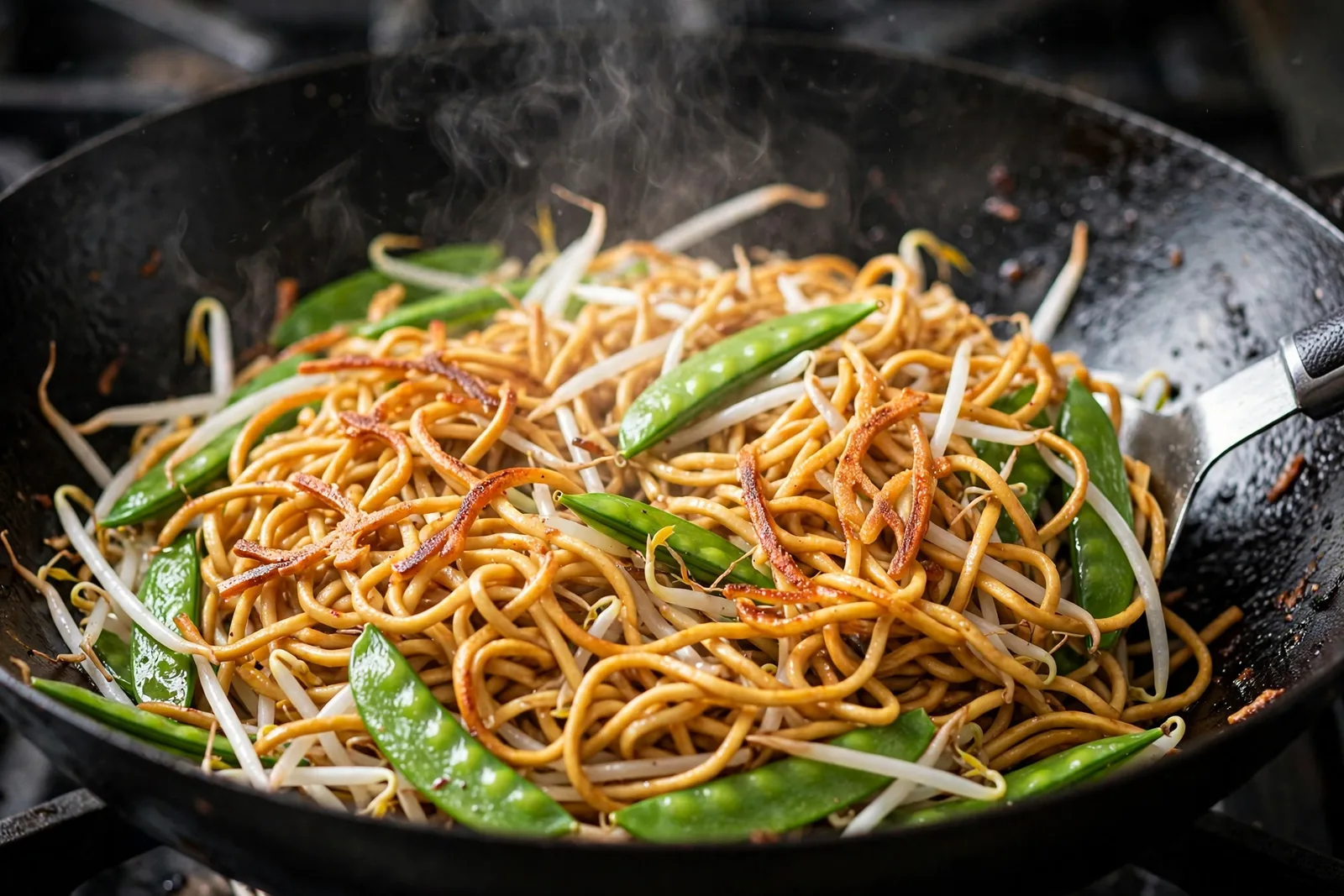 Chow mein noodles crisping in a hot black wok with bean sprouts and snap peas, golden edges forming as a spatula rests at the side