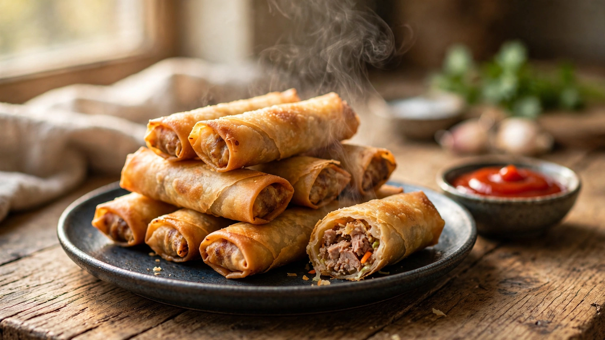Platter of golden crispy Filipino lumpia spring rolls on a dark ceramic plate, one roll cut open showing pork, cabbage and carrot filling, small bowl of red banana ketchup beside it, steam rising on a wooden table
