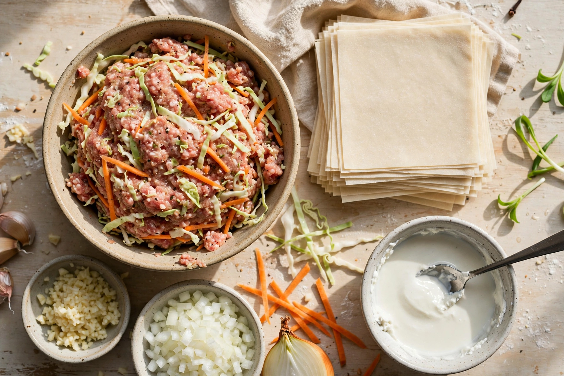 Lumpia ingredients on a kitchen counter: bowl of seasoned ground pork filling with shredded cabbage and julienned carrots, stack of thin square wheat spring roll wrappers, small bowl of cornstarch paste, minced garlic and diced onion