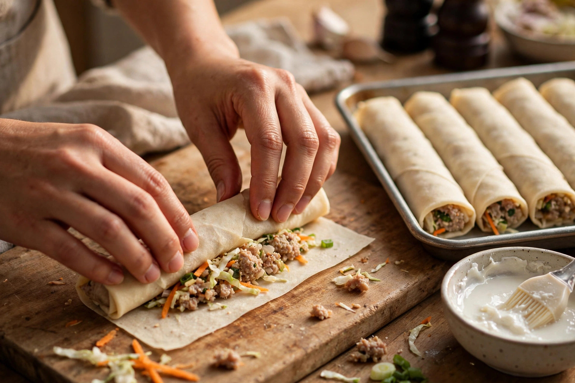 Hands rolling a Filipino lumpia spring roll on a cutting board, thin wheat wrapper folded around a line of pork and vegetable filling, tray of finished uncooked rolls beside a small bowl of cornstarch paste
