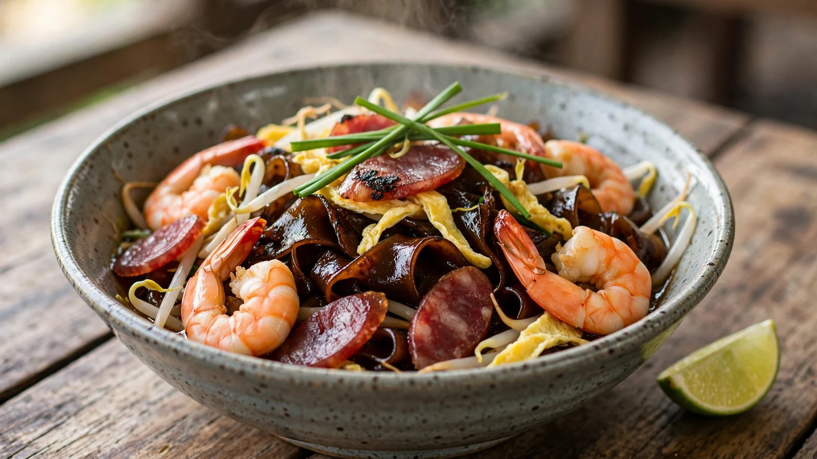 Ceramic bowl of Malaysian char kuey teow: glossy dark wide flat rice noodles with charred edges, whole shrimp, sliced Chinese sausage, bean sprouts, garlic chives and ribbons of egg, with a lime wedge on a wooden table