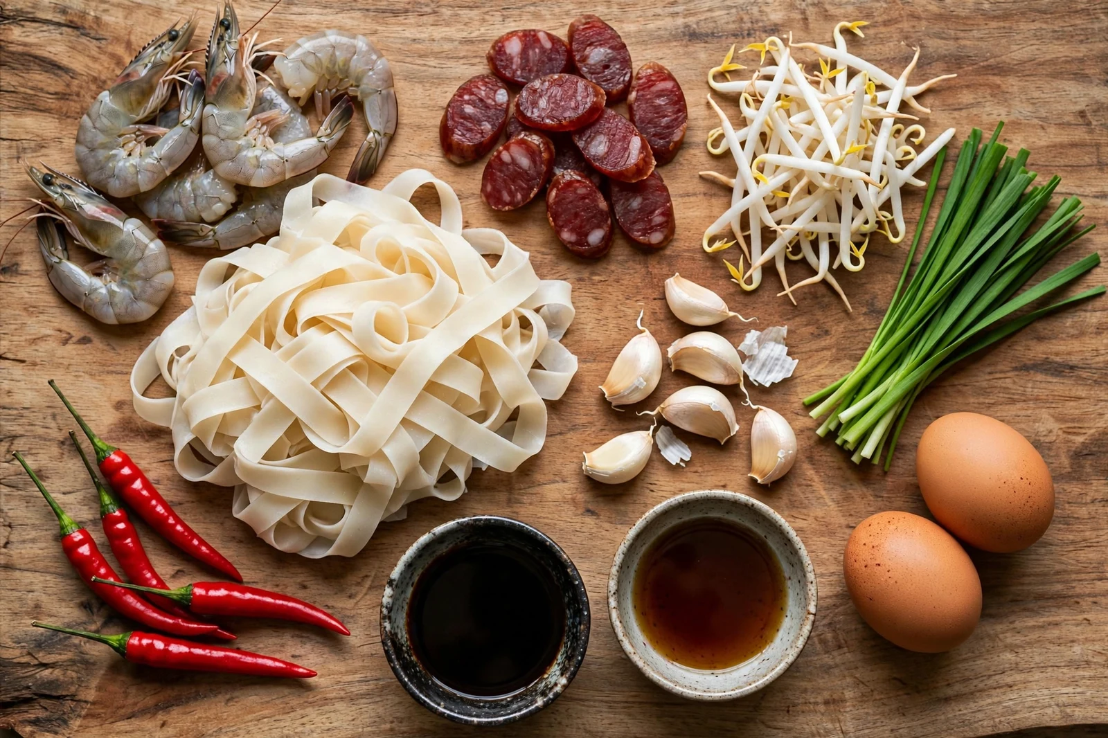 Ingredients for Malaysian char kuey teow on a wooden board: fresh flat rice noodle ribbons, raw shrimp, sliced Chinese sausage, bean sprouts, garlic chives, eggs, garlic cloves, red chilies and small bowls of dark and light soy sauce