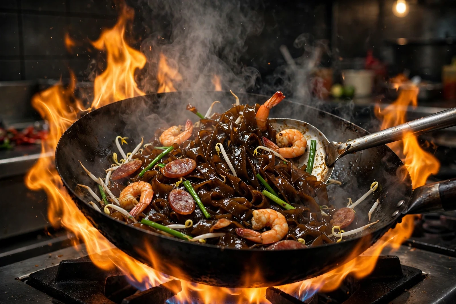 Malaysian char kuey teow tossing in a black wok over high flame: glossy dark flat rice noodles with shrimp, Chinese sausage slices, bean sprouts and garlic chives mid-toss, steam rising and a metal spatula in the noodles