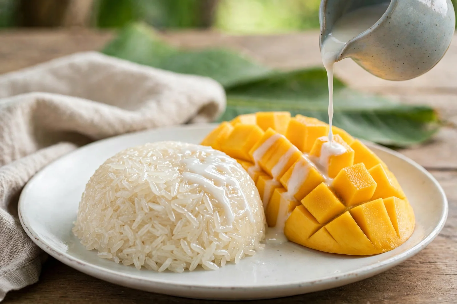 Plated mango sticky rice with coconut cream being drizzled over it