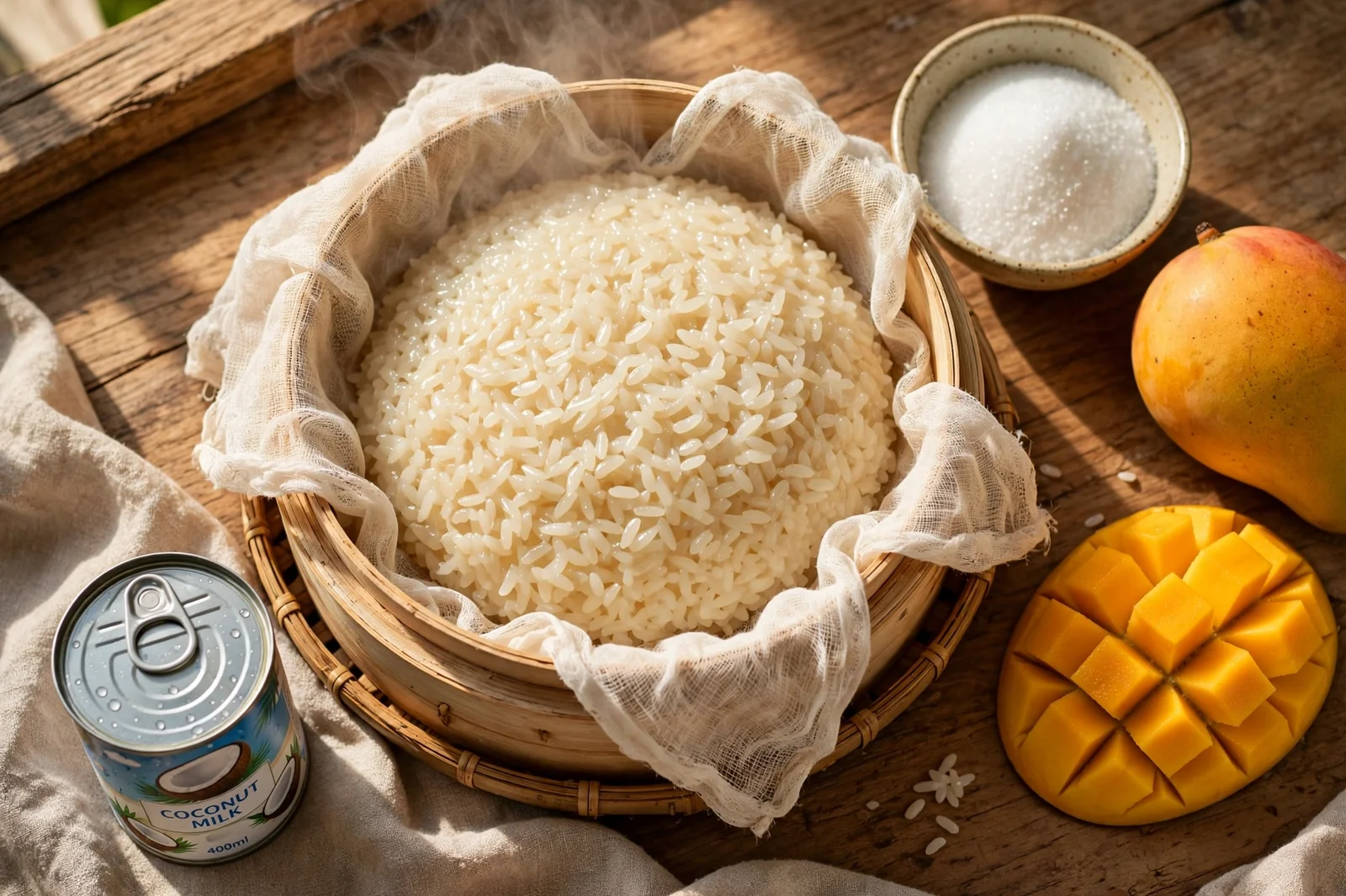 Steamed sweet glutinous rice in a bamboo steamer with coconut milk and mangoes