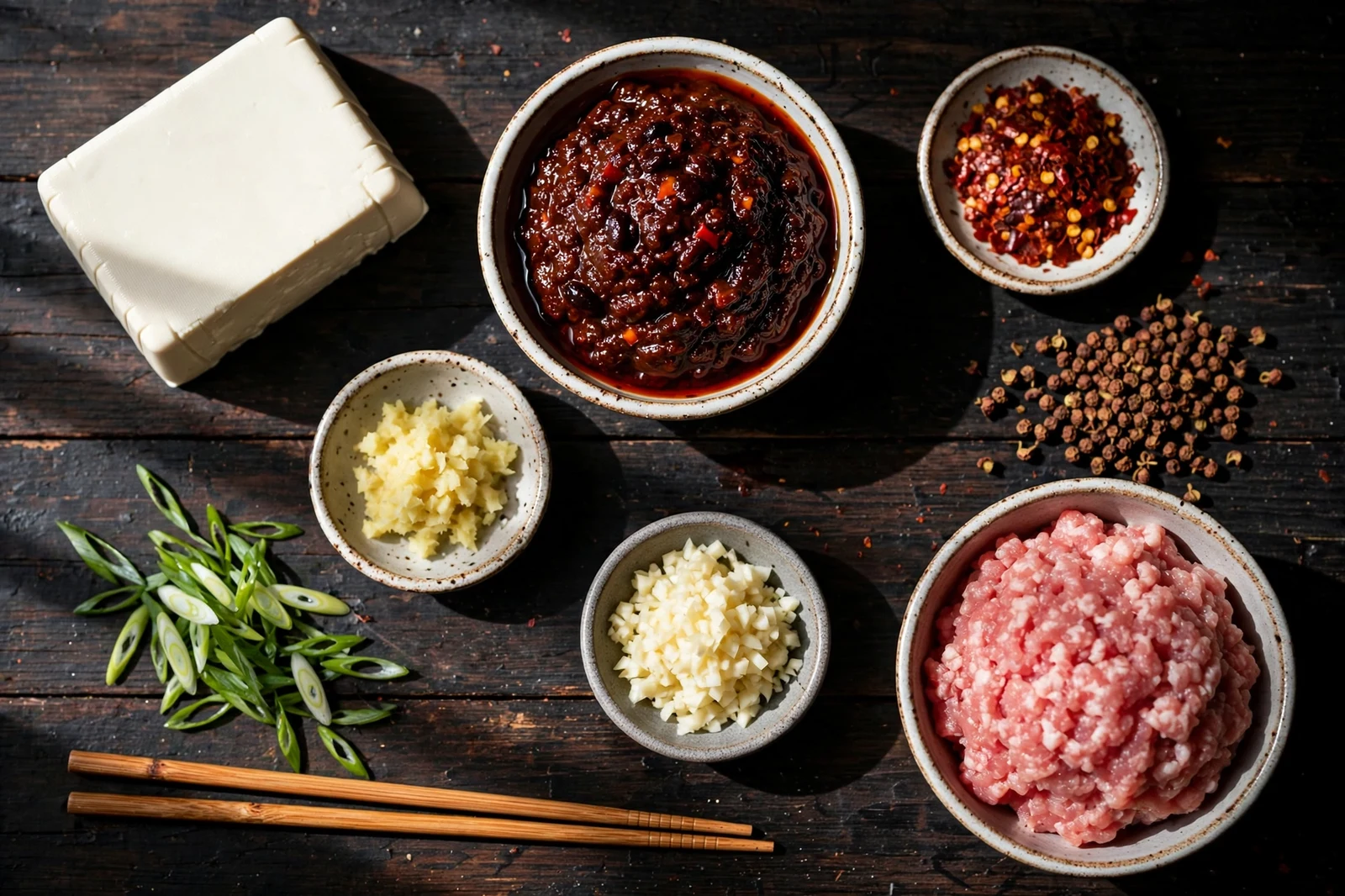 Mapo tofu ingredients on a wooden table: tofu, doubanjiang, chilies and Sichuan peppercorns