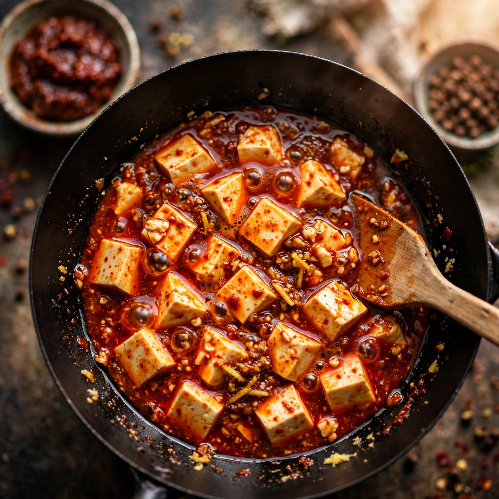 Mapo tofu simmering in a wok with red doubanjiang chili sauce