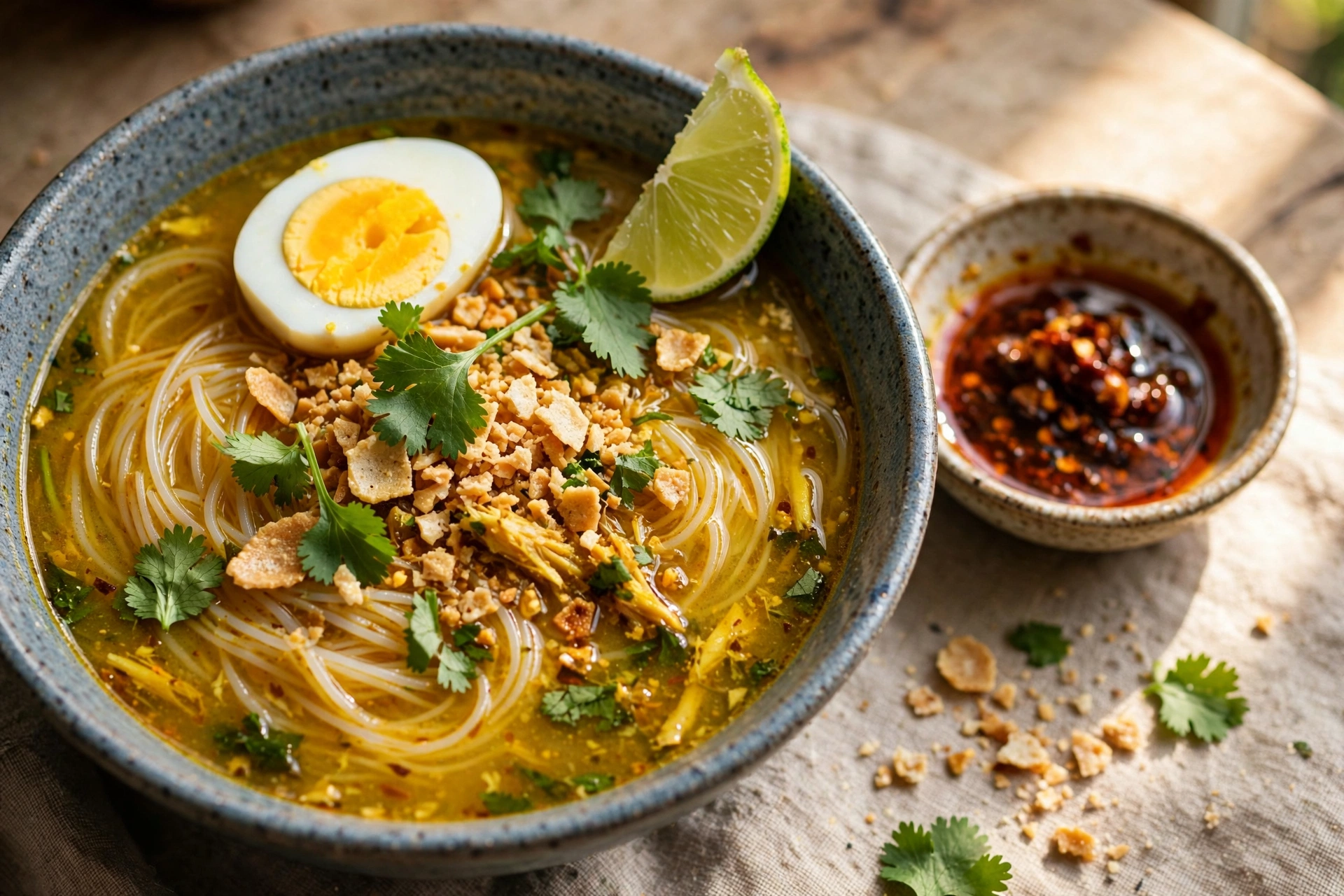 Close-up of finished mohinga bowl showing the egg half, bean crackers, and cilantro on golden broth with a lime wedge and chili oil