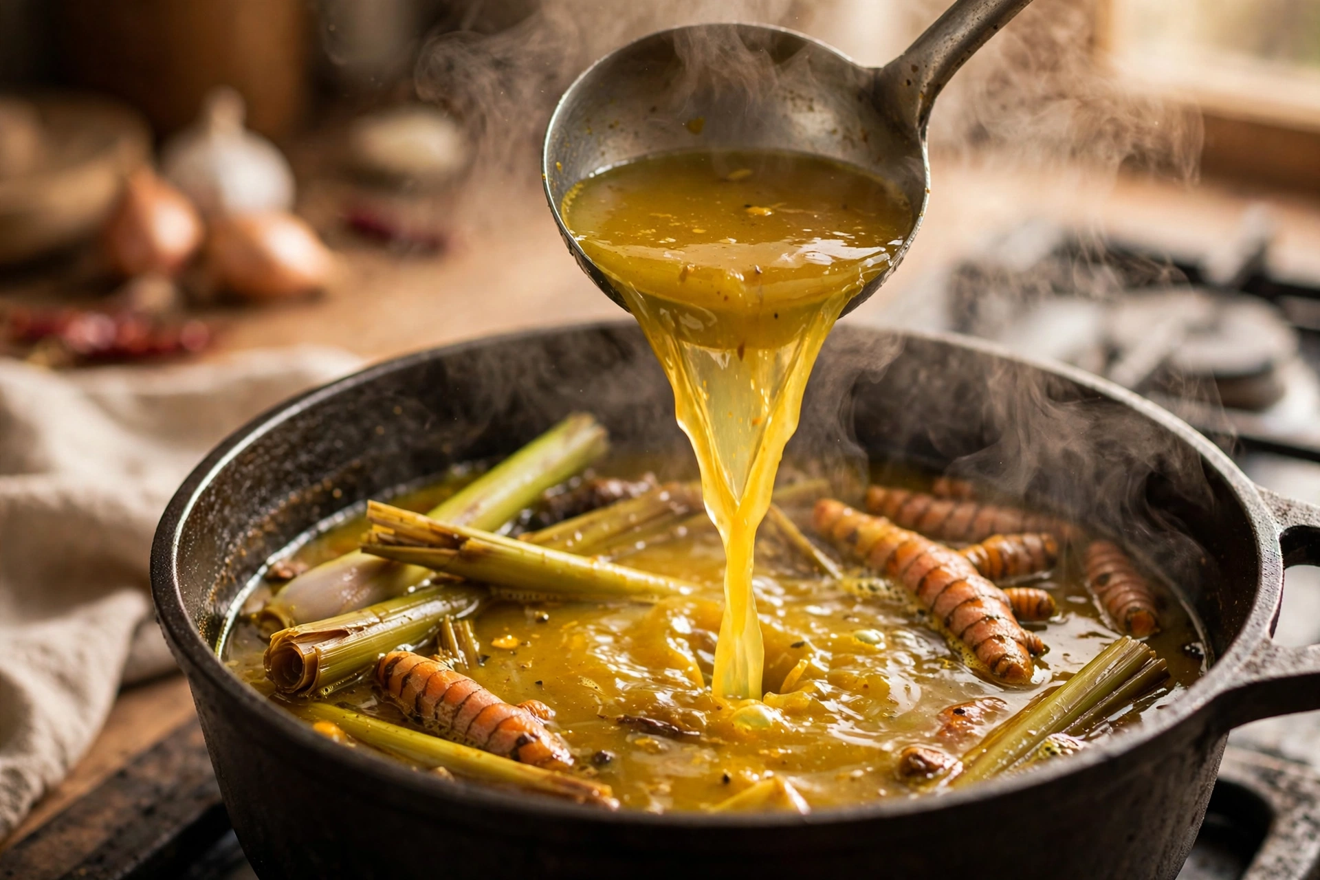 A ladle pouring golden, slightly thickened mohinga broth from a pot with lemongrass stalks and turmeric