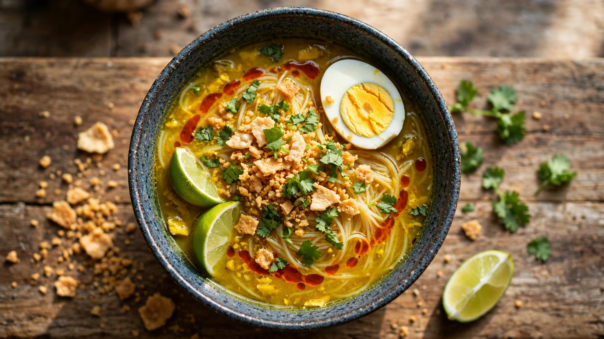 Overhead bowl of mohinga — golden Burmese fish broth over rice vermicelli with a halved boiled egg, crushed bean crackers, cilantro, and lime wedges