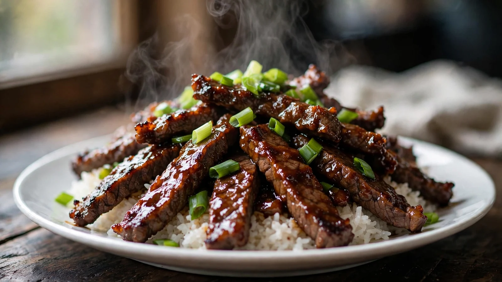 Plate of Mongolian beef with glossy dark brown sauced flank steak strips and chopped scallions piled over steamed white rice, steam rising, on a dark wooden table