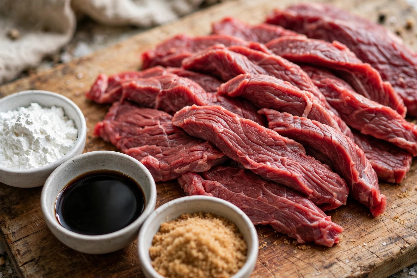 Thinly sliced raw flank steak on a wooden cutting board with small bowls of cornstarch, soy sauce, and brown sugar beside the meat