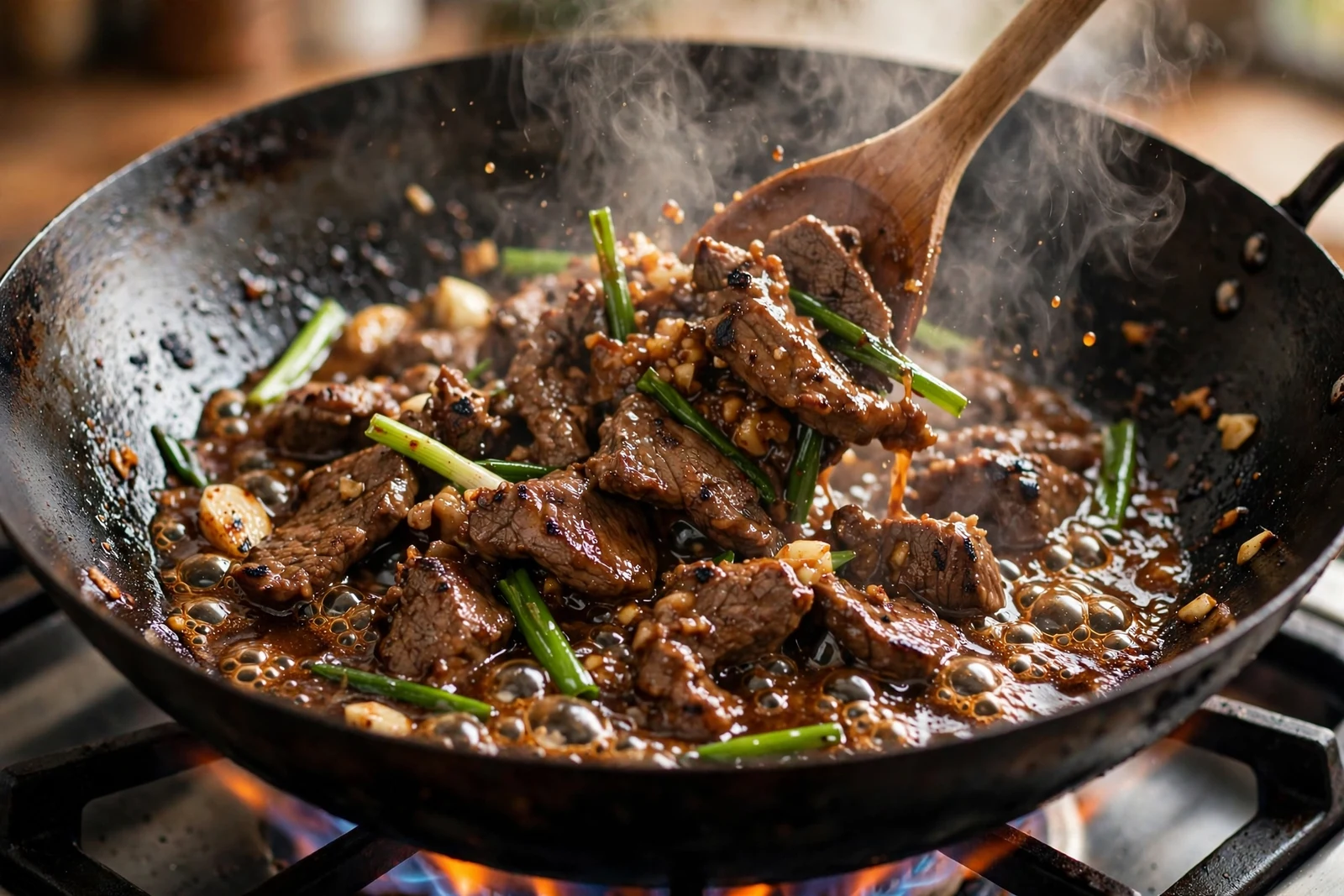 Mongolian beef stir-frying in a black wok with bubbling glossy brown sauce, scallions, garlic, and a wooden spoon lifting sauced beef, steam rising over a gas flame
