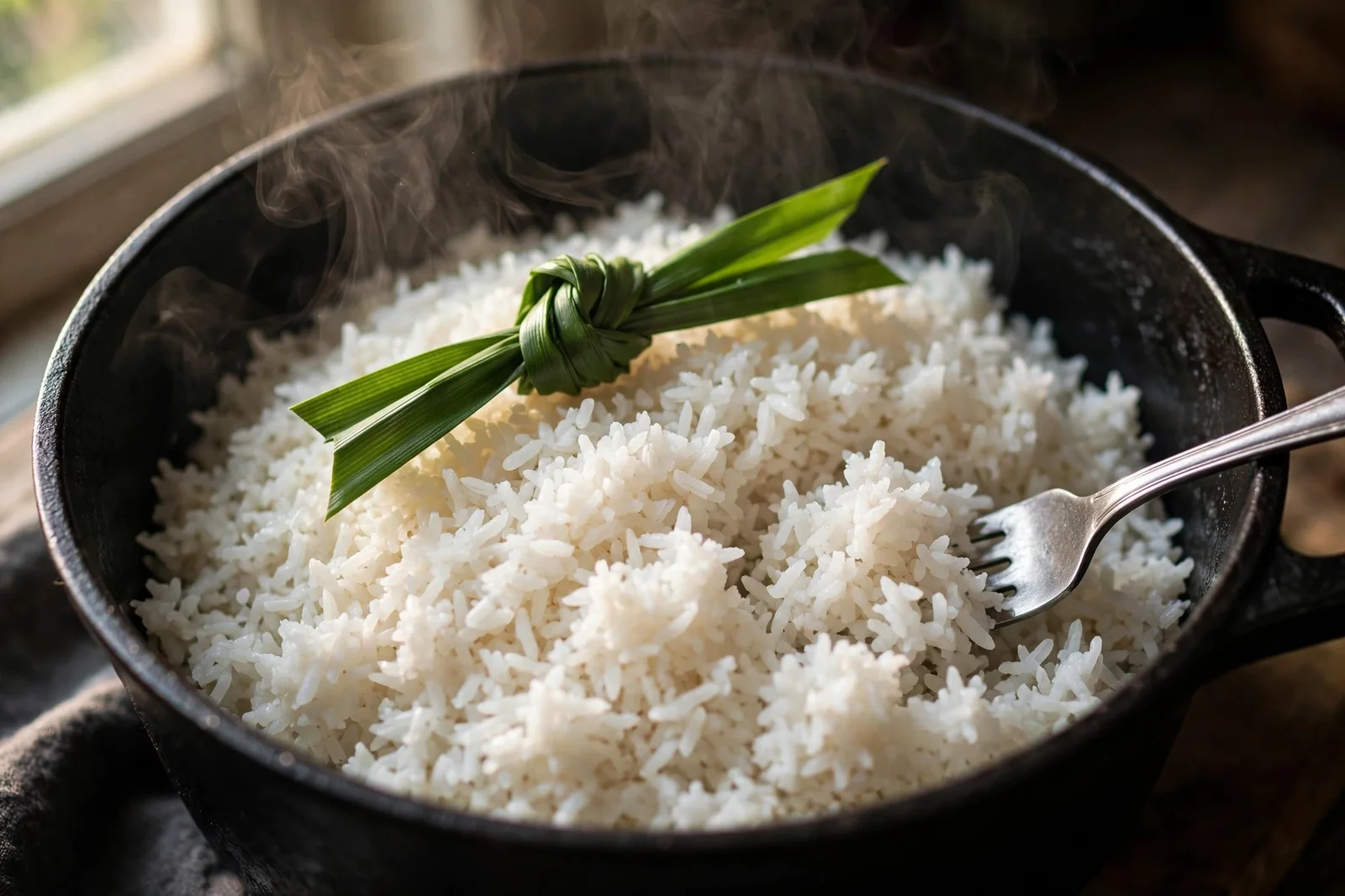 Freshly cooked coconut rice in a pot: fluffy white jasmine rice with steam rising and a knotted green pandan leaf resting on top