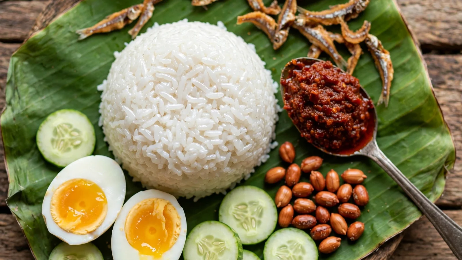 Overhead nasi lemak on a banana leaf: a molded mound of coconut rice, a spoonful of deep brick-red sambal, crispy fried anchovies, roasted peanuts, halved boiled eggs with jammy yolks, and cucumber slices