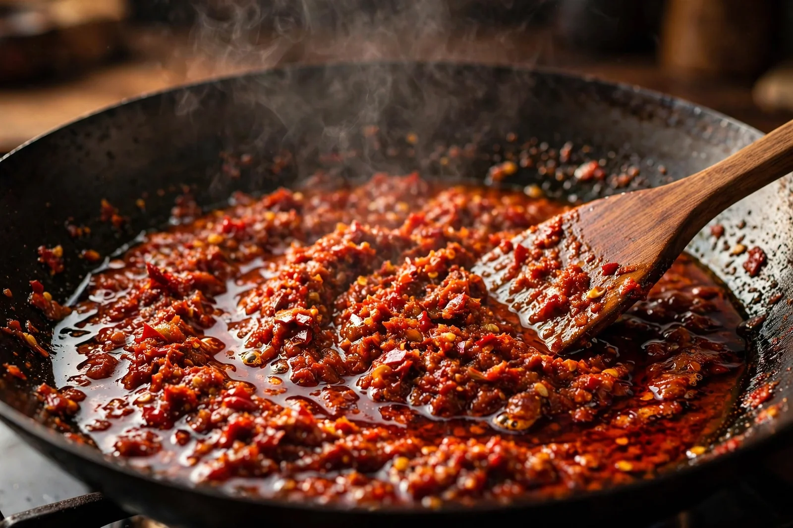 Malaysian sambal chili paste simmering in a dark wok: deep brick-red paste with glistening separated oil pooling on the surface, a wooden spatula mid-stir, steam rising