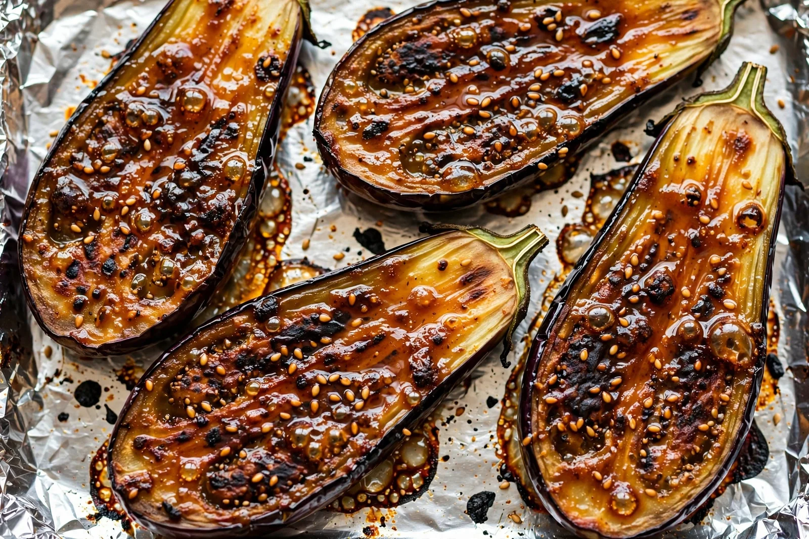 Close-up of broiled nasu dengaku eggplant halves with bubbling caramelized miso glaze on a foil-lined baking sheet
