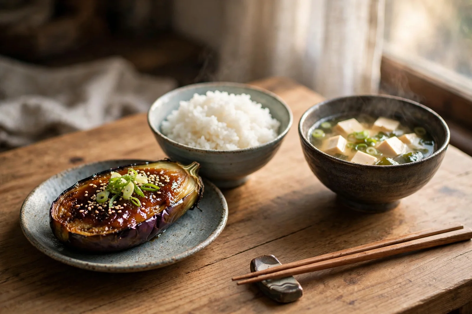 Japanese dinner setting with a glazed miso eggplant half, steamed rice, miso soup and chopsticks on a wooden table