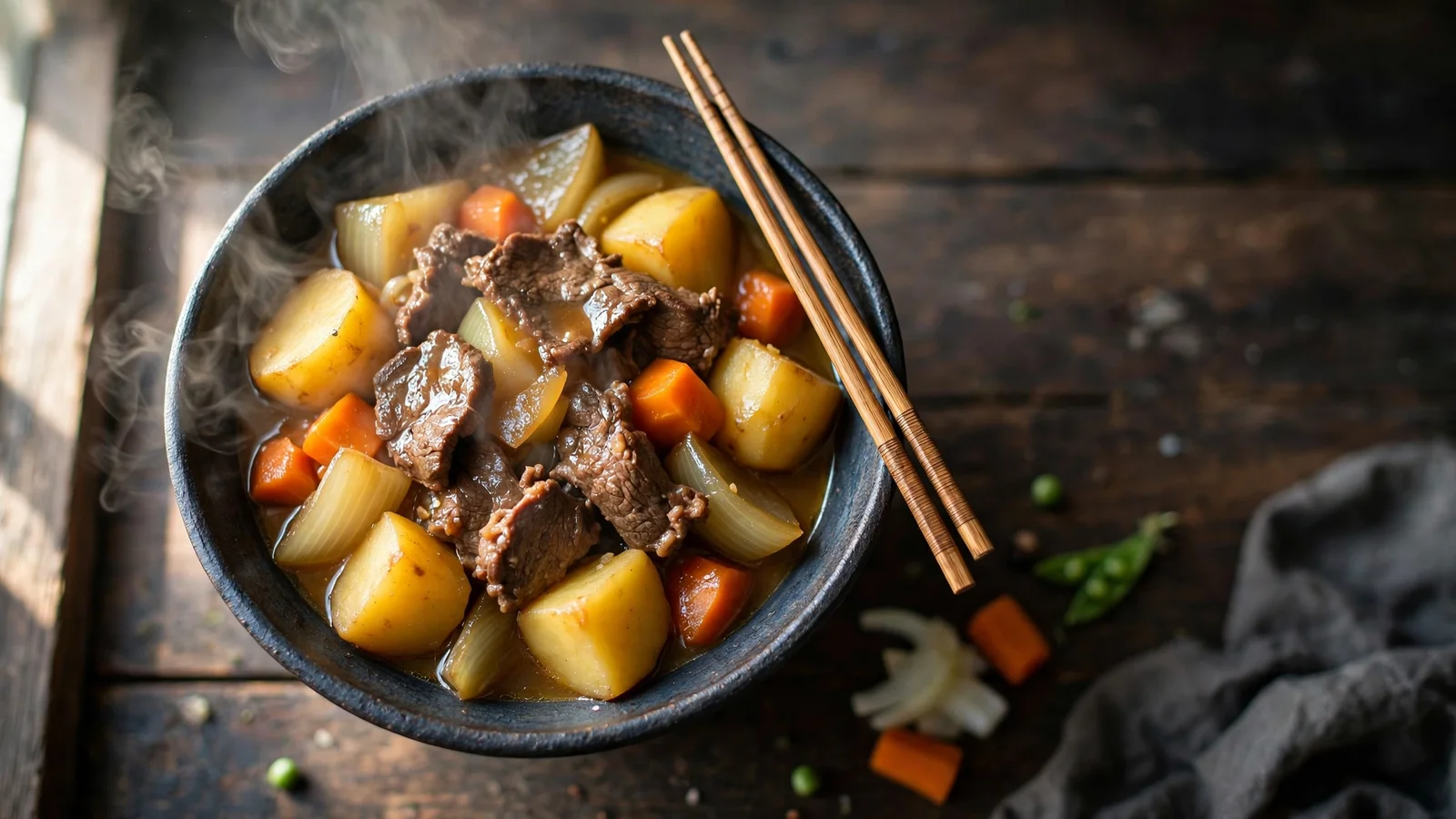 Overhead view of nikujaga, Japanese simmered beef and potatoes, in a dark ceramic bowl: glossy beef slices, golden potato chunks, carrot pieces and onion wedges in amber dashi broth, steam rising, chopsticks on the bowl edge