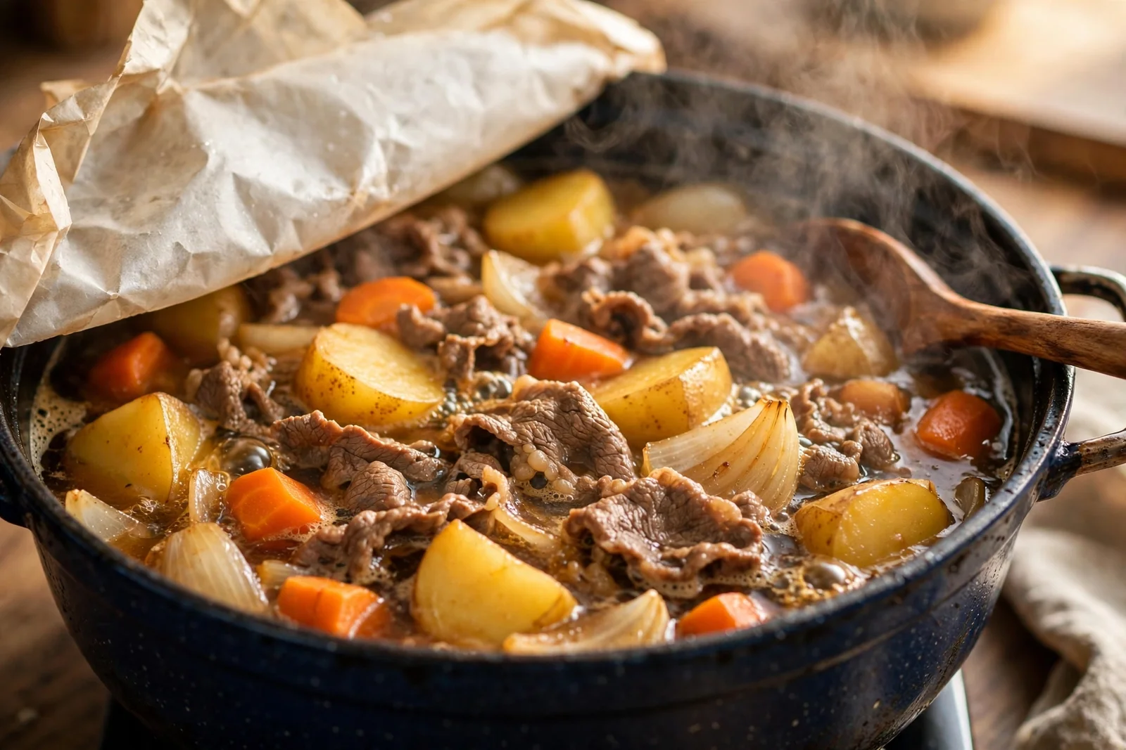 Nikujaga simmering in a wide Japanese pot with a parchment drop lid partially lifted: beef, potato chunks, carrots and onion in gently bubbling amber dashi broth, a wooden spoon on the pot rim