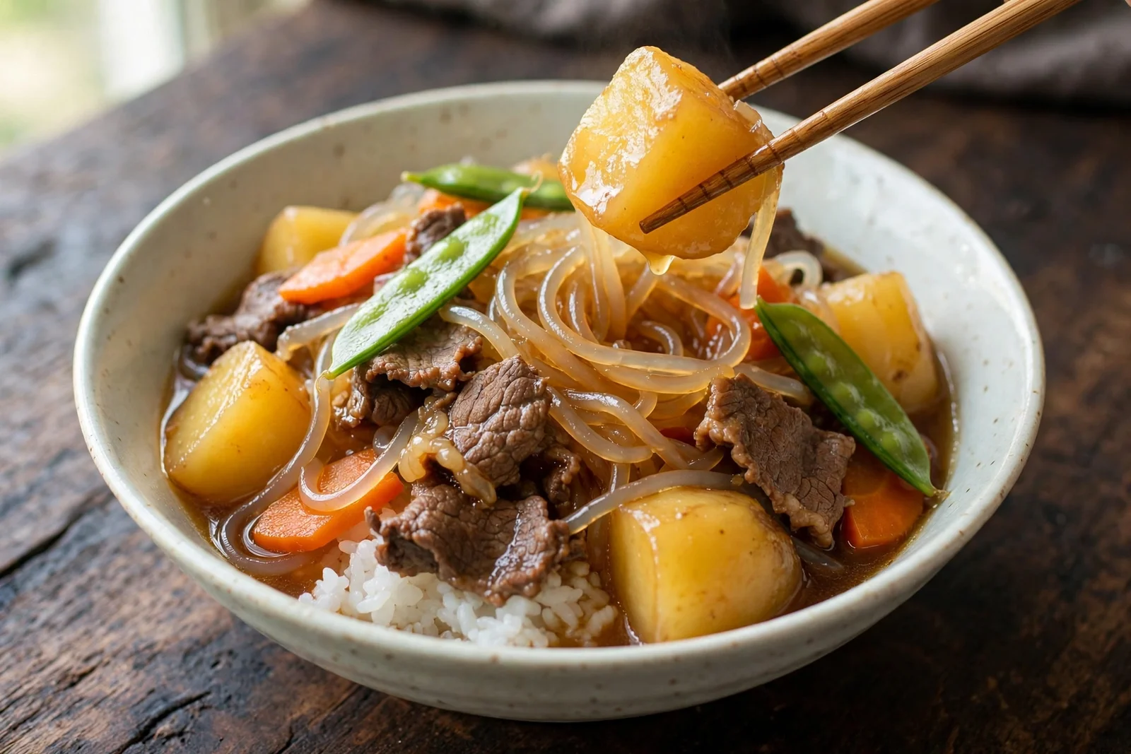 A served bowl of nikujaga over steamed white rice: tender beef, potatoes, carrots and shirataki noodles glistening in savory broth with blanched snow peas, chopsticks lifting a potato chunk