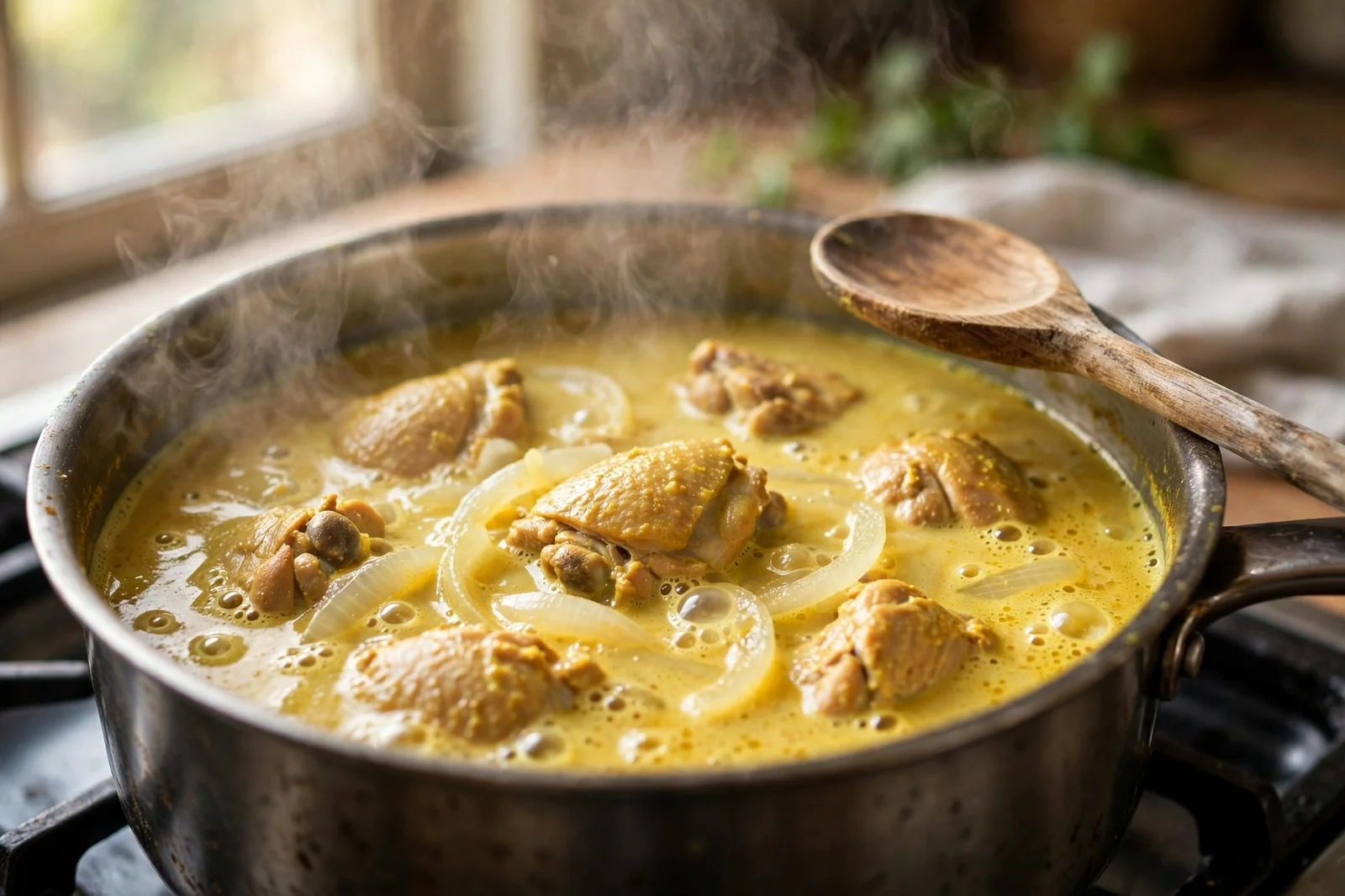 A pot of golden turmeric coconut chicken broth simmering gently, with chicken pieces and soft onion visible in the creamy soup and steam rising