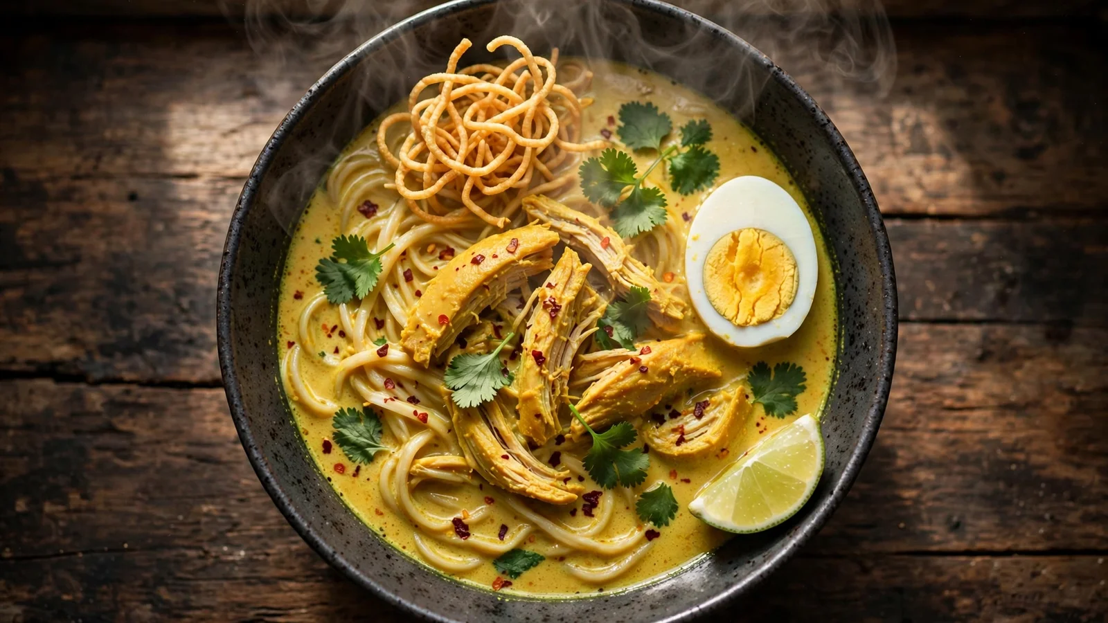 A deep bowl of Burmese coconut chicken noodle soup: golden turmeric broth over wheat noodles with chicken pieces, topped with crispy fried noodles, a halved hard-boiled egg, cilantro, chili flakes, and a lime wedge